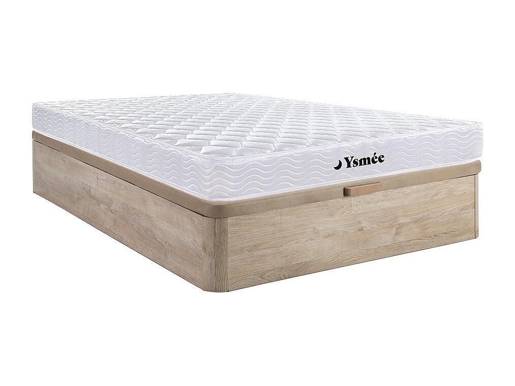 Zestaw 140 x 190 cm stelaż ze skrzynią naturalny jasny + materac sprężynowy o grub. 15 cm z pamięcią kształtu - WOLKENLOS marki YSMÉE