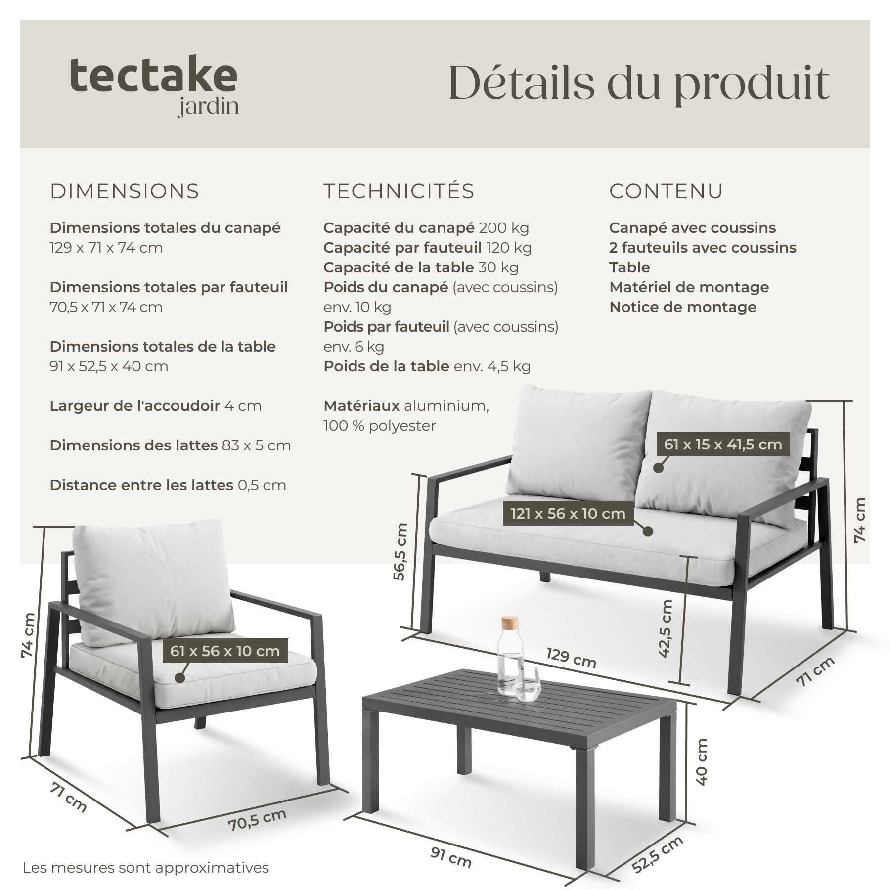 TECTAKE Conjunto de asientos de aluminio resistente a la intemperie - 6