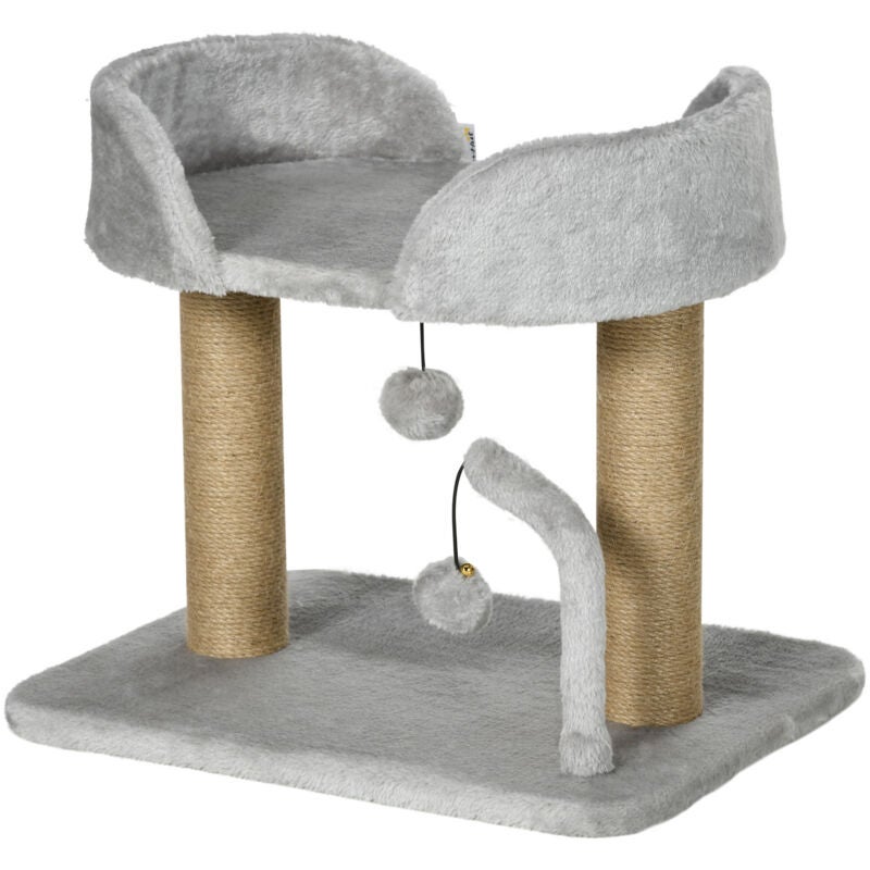 Arborele pentru pisici cu stâlp de zgâriat integrat, inclusiv 2 pompoane suspendate, 2 platforme din iută, iută plușată 48 x 38 x 42 cm gri