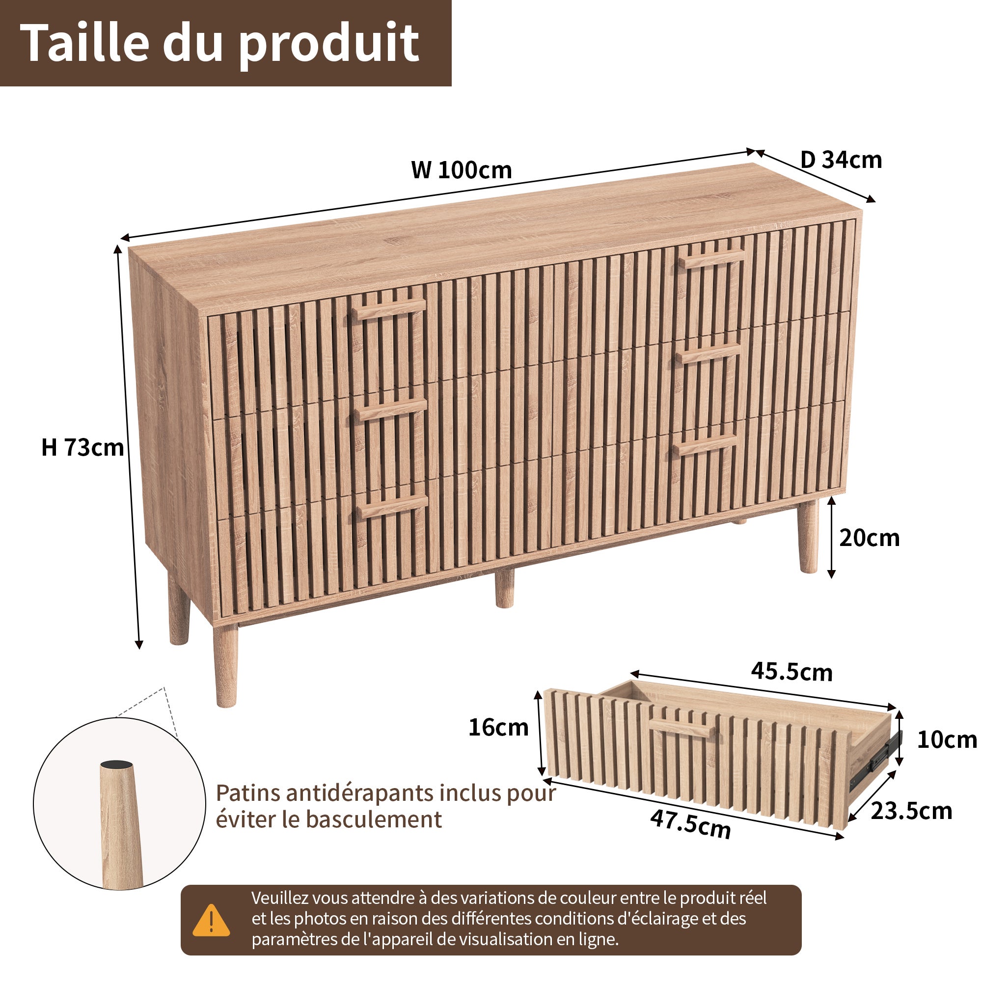 Commode, 6 tiroirs, pieds antidérapants et Panneau respirant, convient aux salons et aux chambres, 100x73x34 cm - couleur bois naturel - 7