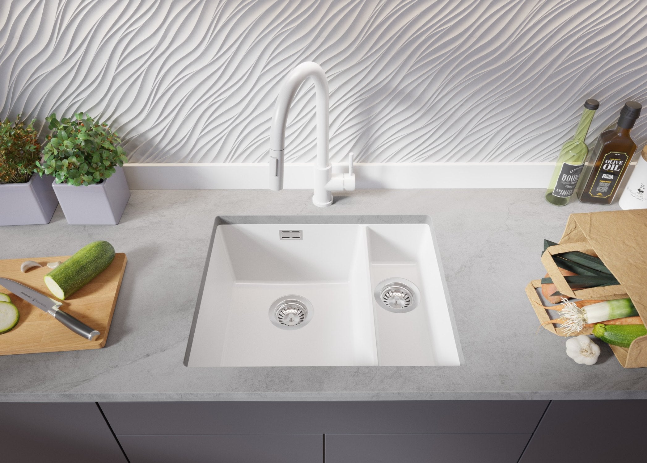 Lavandino sottotop Bianco 56x47cm, Lavello in Granito a 1,5 vasche + Sifone Classico + Accessori, Lavabo da Cucina al mobile 60cm PRIMAGRAN - 3