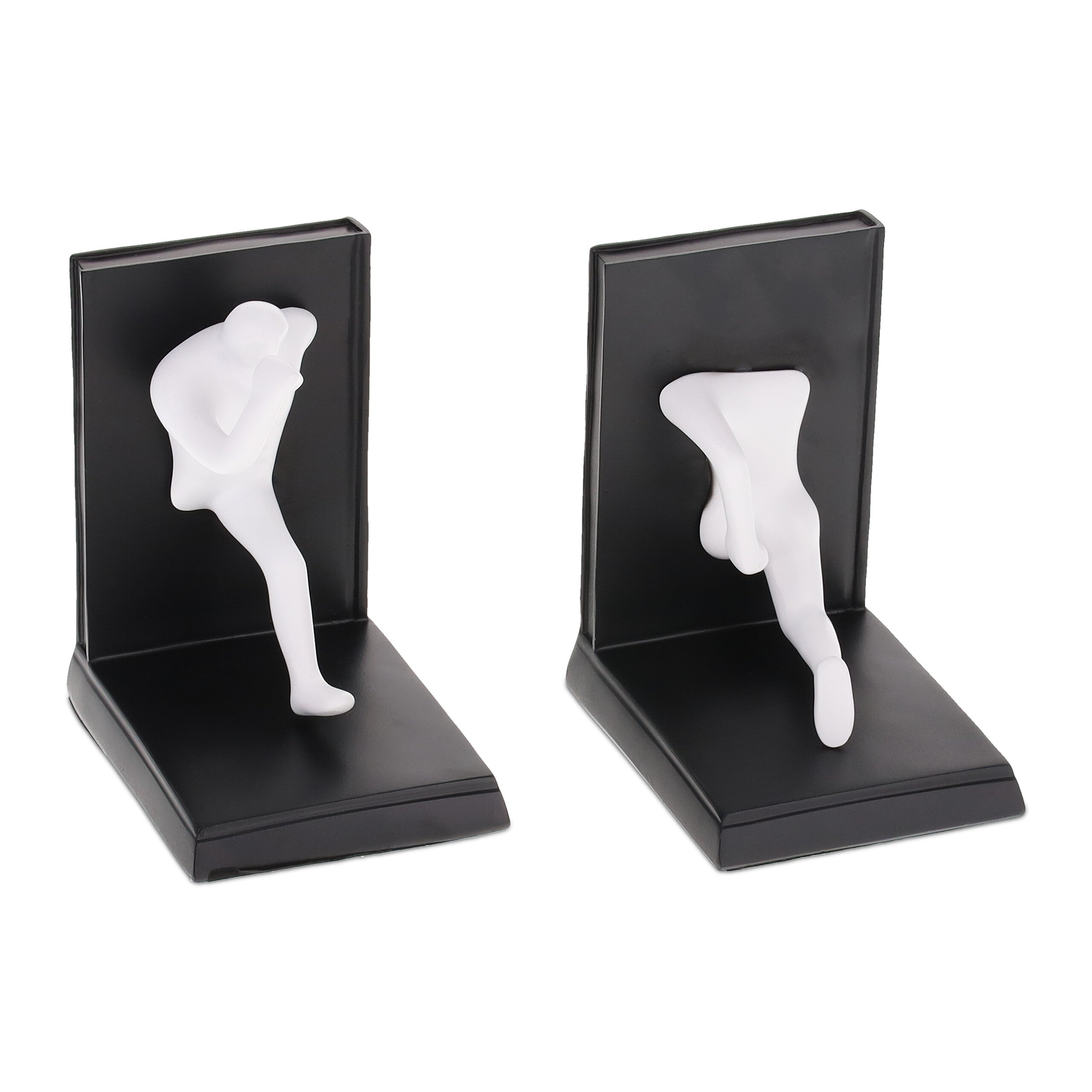 Relaxdays set 2 sujetalibros, forma persona corriendo, 14,5x12x9,5 cm, soportes libros, polirresina, negro y blanco