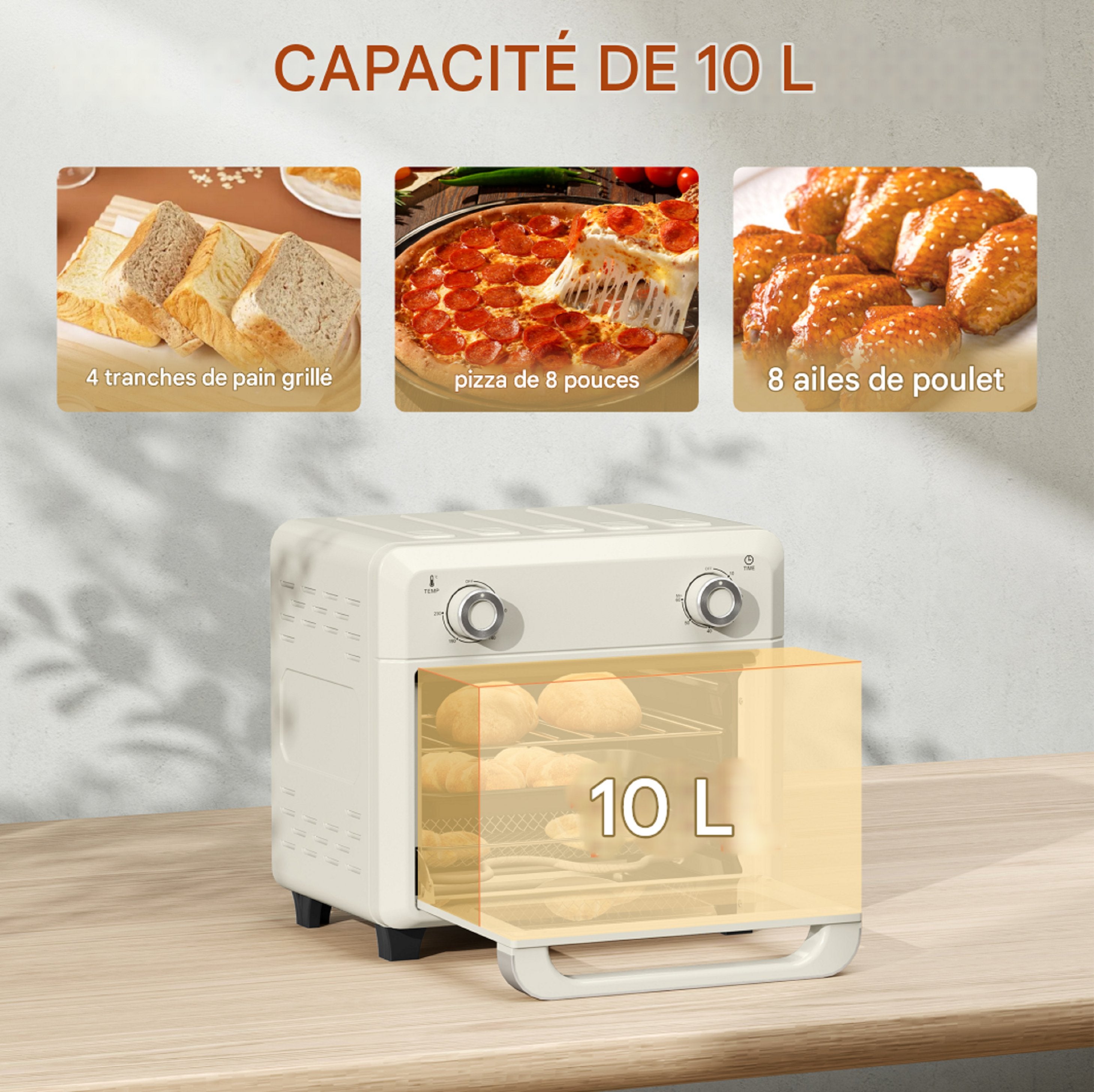 Four HOMCOM Mini à convection 10 L 2 en 1 avec grille, friteuse à air chaud 80 °C-230 °C avec écran tactile, 1000 W - 6