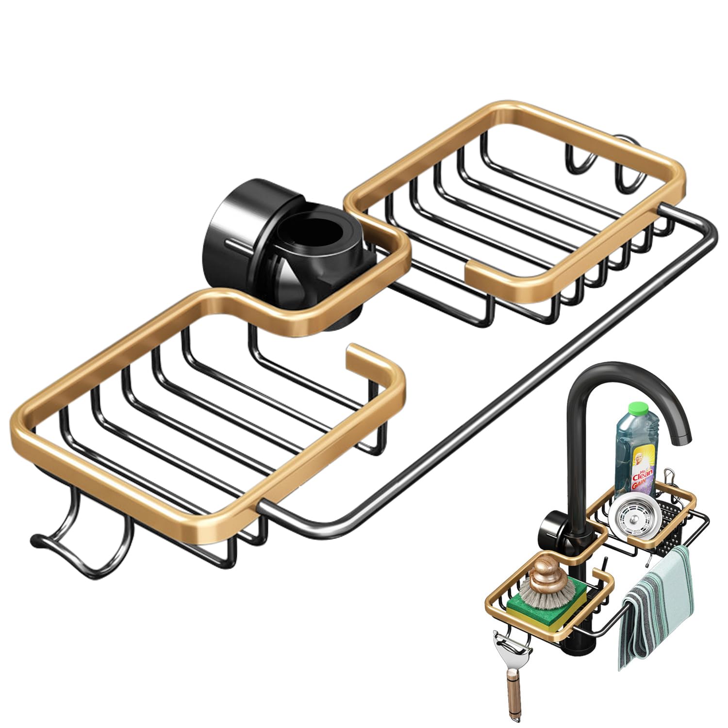 Porte-Éponge Pour Robinet NAROSEBE - Support Évier Aluminium Noir, Rangement Multifonction Pour Cuisine
