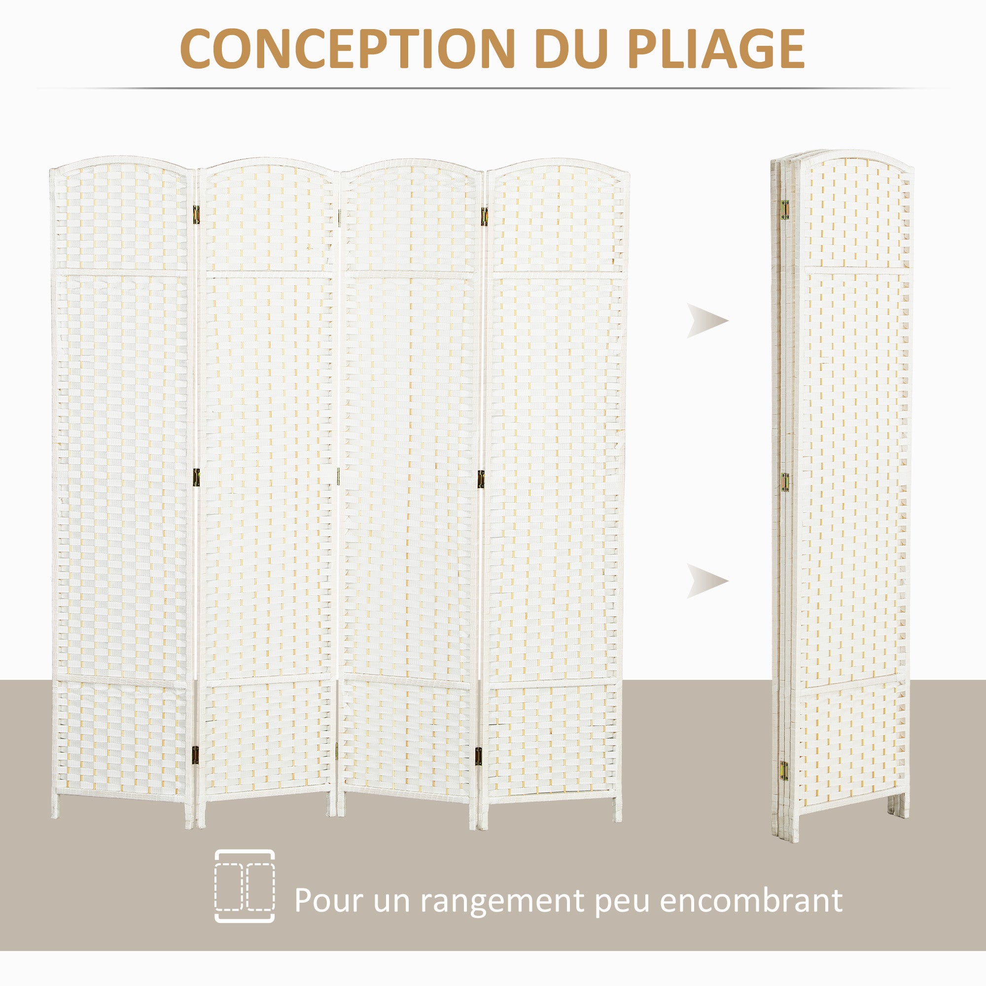 Paravent intérieur bois 4 panneaux 160x170 cm séparateur pièce pliable salon chambre blanc - 7