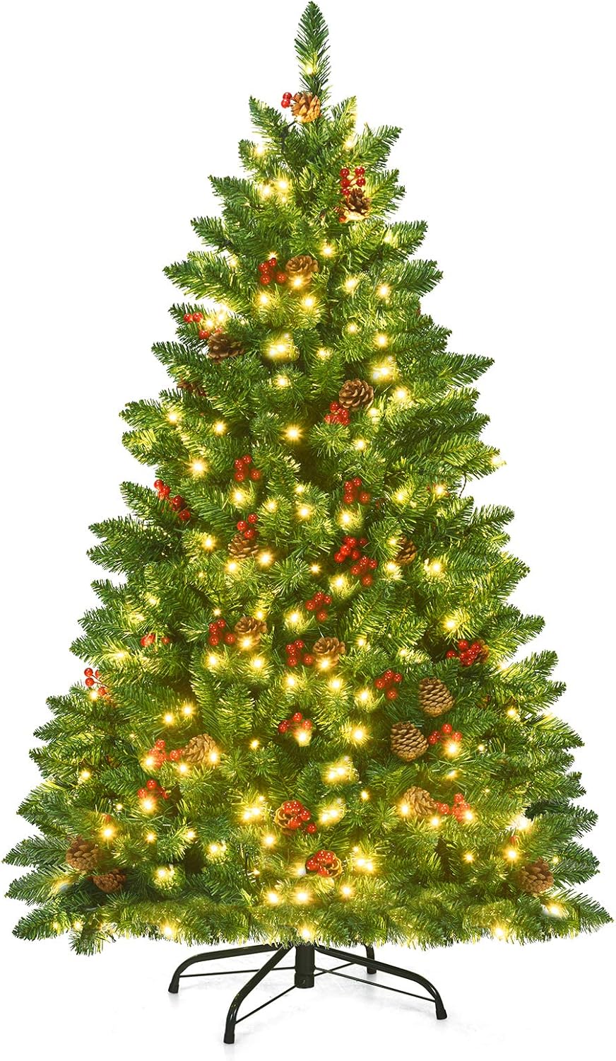 Sztuczna Choinka Bożonarodzeniowa o Wysokości 195 cm z 450 Diodami LED, 56 Szyszkami i 56 Jagodami, 1100 Gałęziami z Ognioodpornego PVC