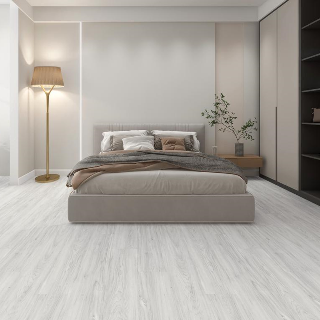 Suelo de pvc clip-on con base integrada - espesor 5,5 mm - garantía de 20 años - color gris claro - dimensiones l122 cm x l 23 cm