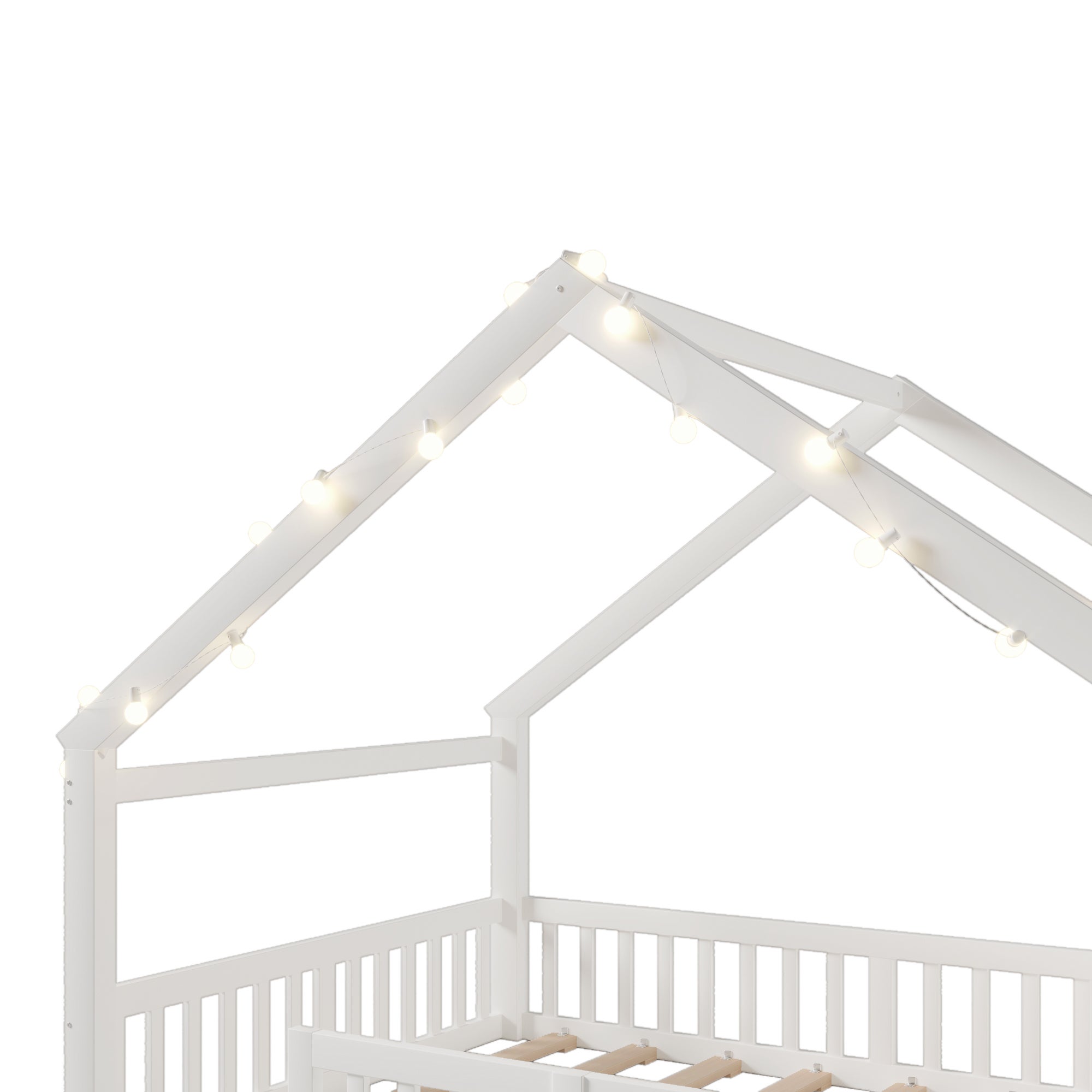 Lit cabane 140 x 190 cm avec barrière et étagères de rangement - Pin + MDF + contreplaqué - Blanc (matelas non inclus) - 9
