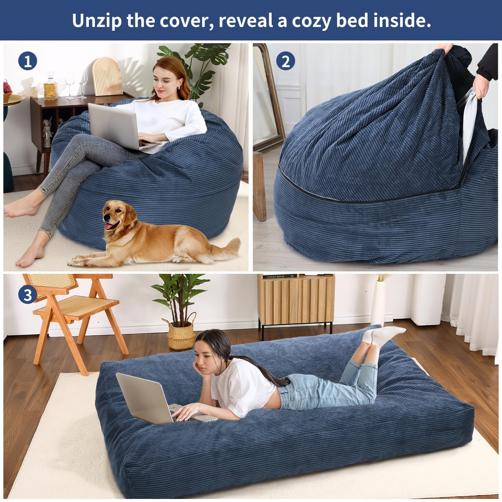 Pufe 2 em 1 conversível em veludo cotelê, sofá-cama lavável à máquina, colchão de chão acolchoado, 200 x 150 x 25 cm, azul - 2