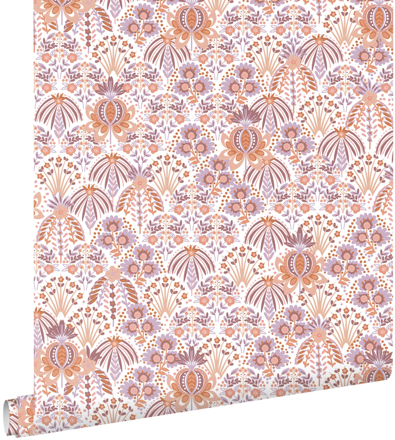 Tapeta vintage kwiaty w stylu secesyjnym liliowo fioletowymIpomarańczowym - 50 x 900 cm - ESTAHOME