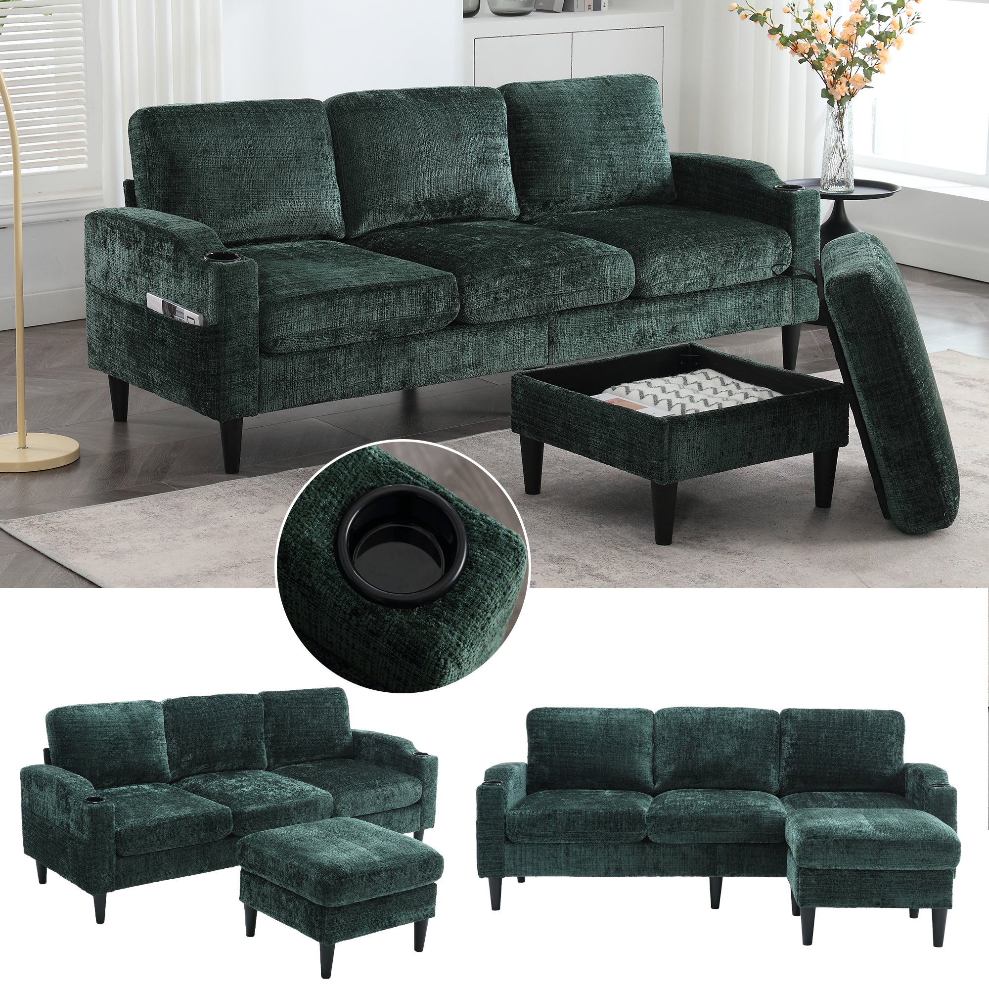 Sofá 4 plazas con otomana de almacenamiento, reposabrazos con portavasos, bolsillos laterales y estructura robusta con tapizado de terciopelo