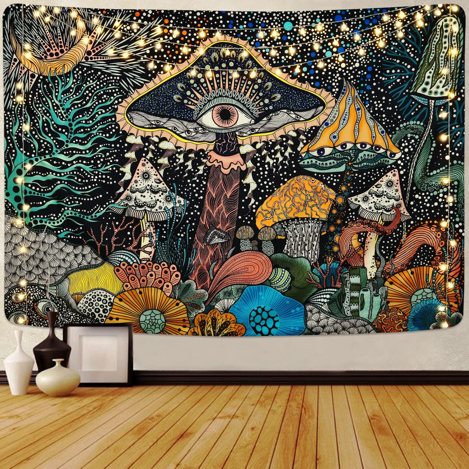 Gobelin z grzybowym okiem, stworzenia morskie, paw, styl boho, abstrakcyjny, ocean, dekoracja ścienna do sypialni (130 x 150 cm)