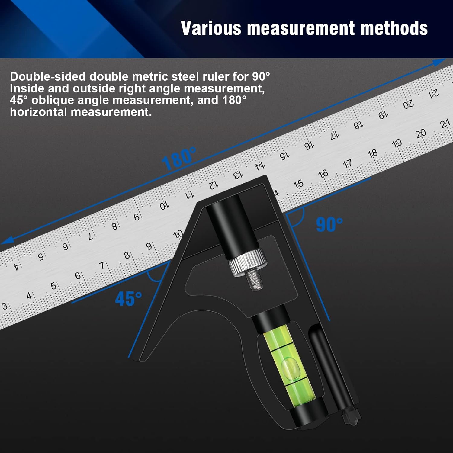 Esquadro combinado de aço inoxidável de 300 mm, ferramenta de medição ajustável. - 4