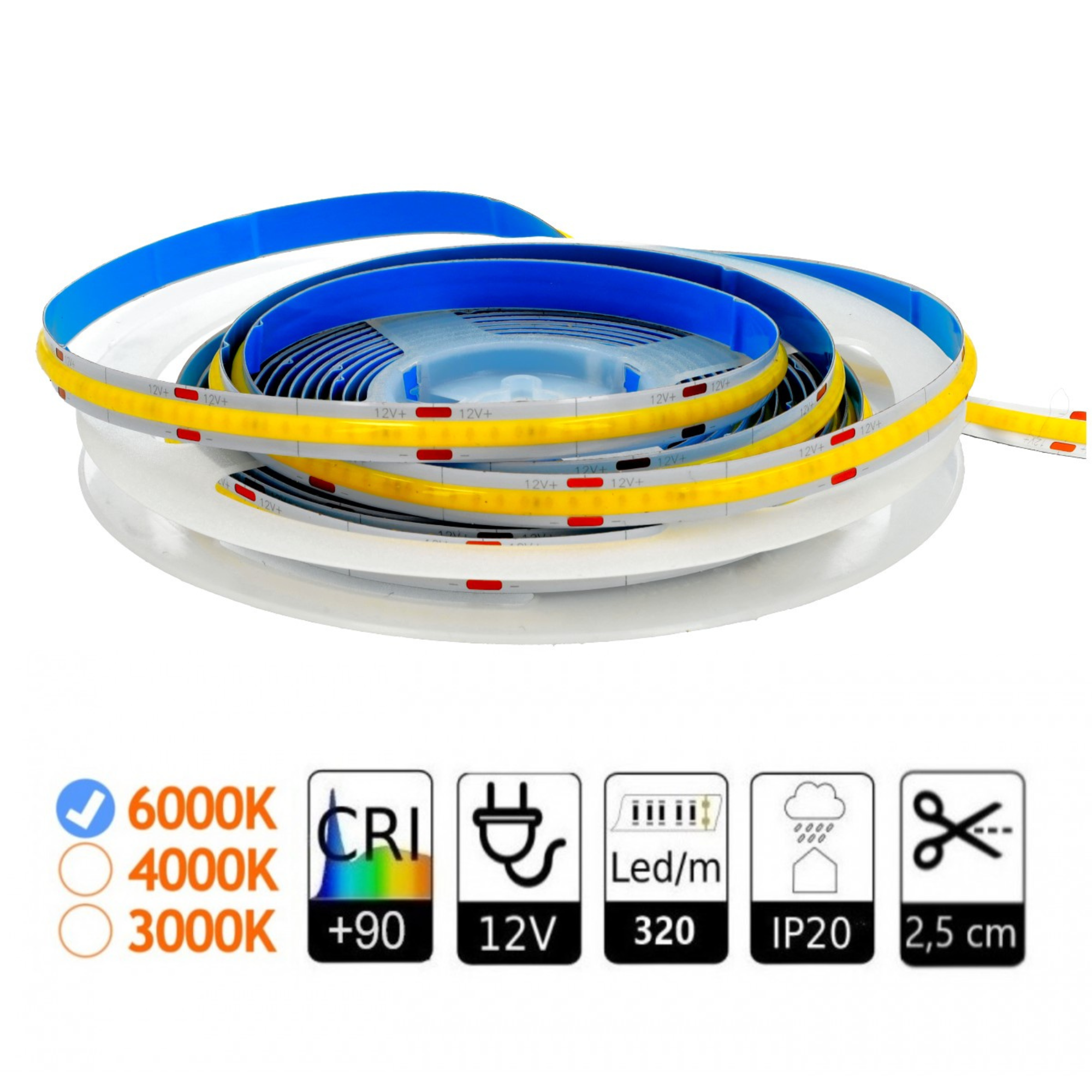 Taśma LED COB 12V 10W/m, chłodne światło 6000K, 5000 LM, CRI 90, IP20, cięcia co 2'5cm, szerokość taśmy 8mm, zwój 5 metrów