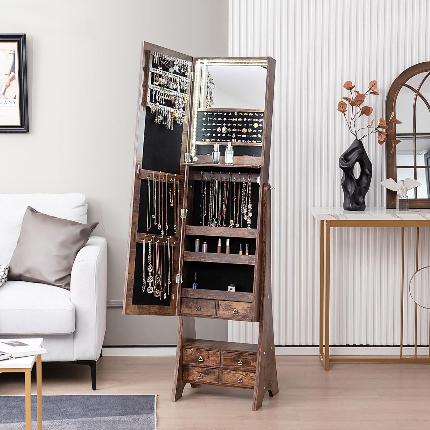 Armoire à Bijoux avec Miroir Pleine Longueur,Organisateur de Bijoux avec Miroir & Lumières LED Intégrées,Étagère de Maquillage Pliable(Marron) - 4