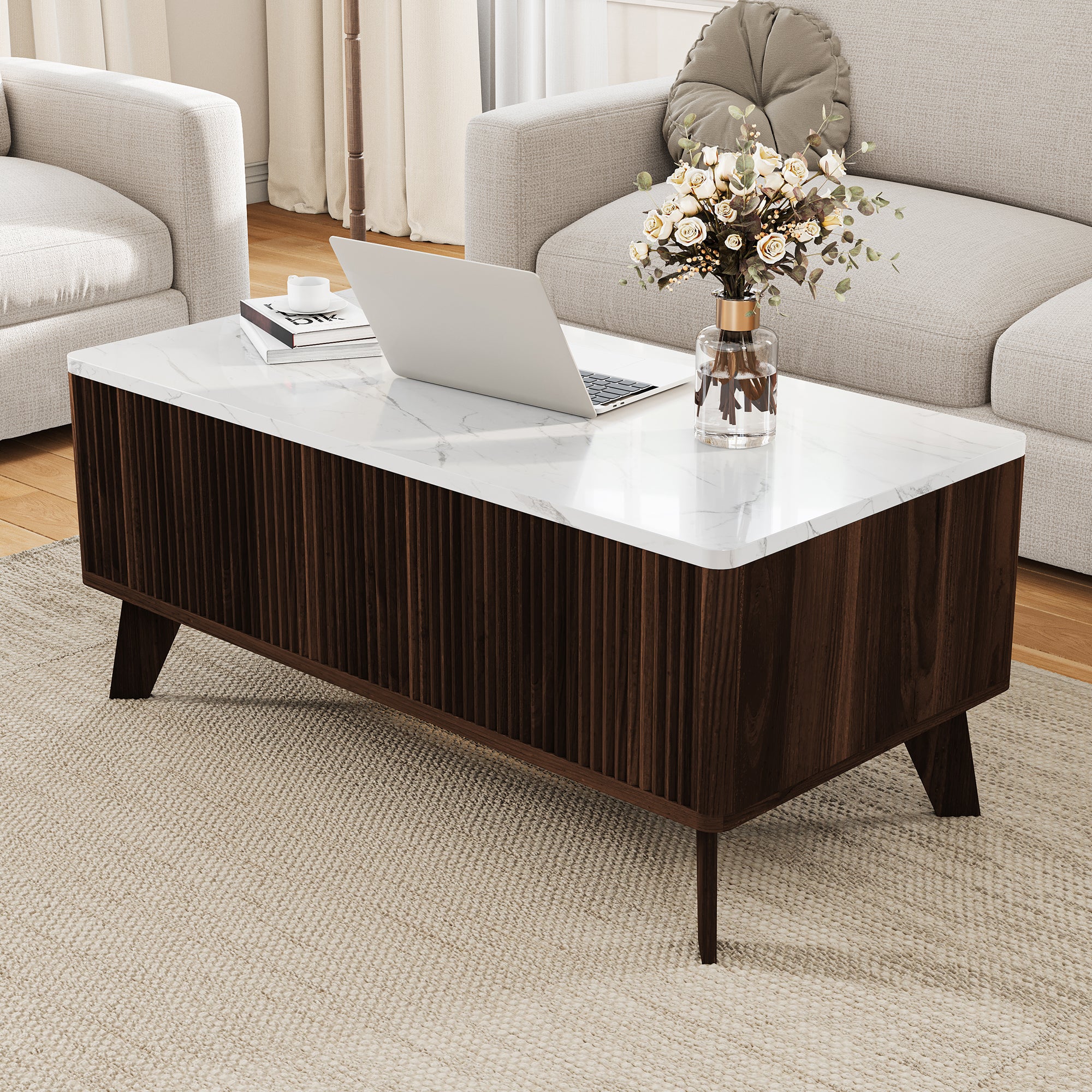 Table Basse, Table de Salon Relevable, Métal Vérin à Gaz, Plateau en Marbre,Compartiment sous Le Plateau,pour Salon,Salle à Manger, 105 x 42 x 53 cm - 8