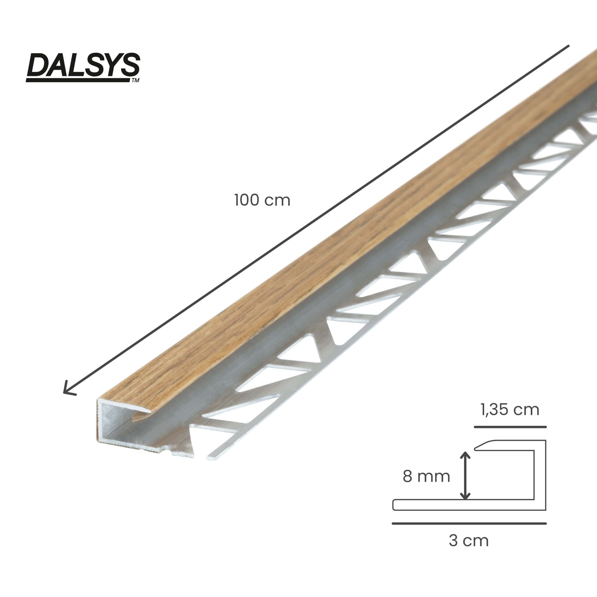 Profil de transition/profil de finition 100 cm pour revêtements ép. 8 mm, à encastrer dans le carrelage, aluminium, chêne - Dalsys - 2