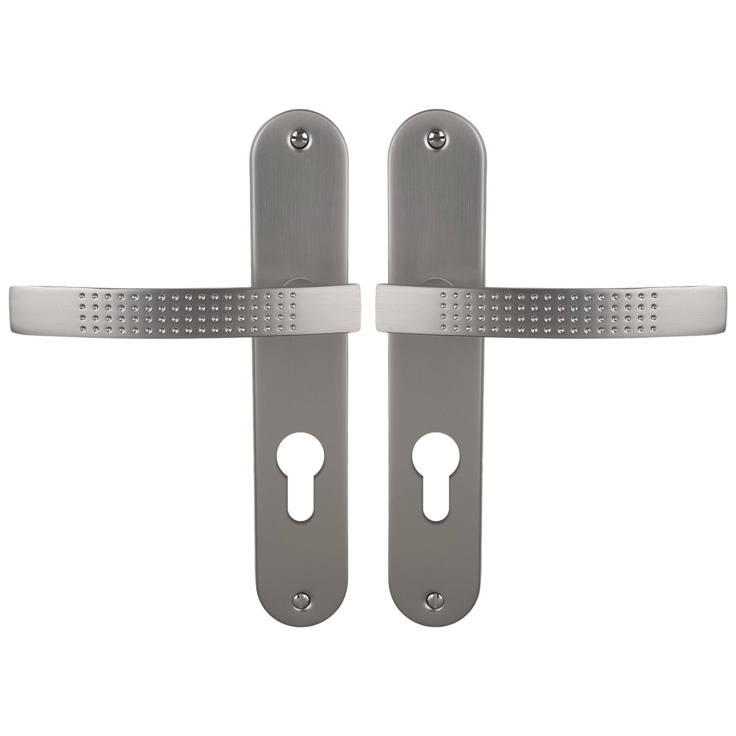 2 poignées de porte AUDACE trou de Cylindre, Aluminium nickel mat entraxe 195 mm, entrée bureau garage - 2