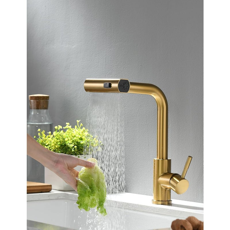 Obrotowa bateria kuchenna 360° z wyciąganą wylewką - Jednouchwytowa bateria zlewozmywakowa - Szczotkowane złoto