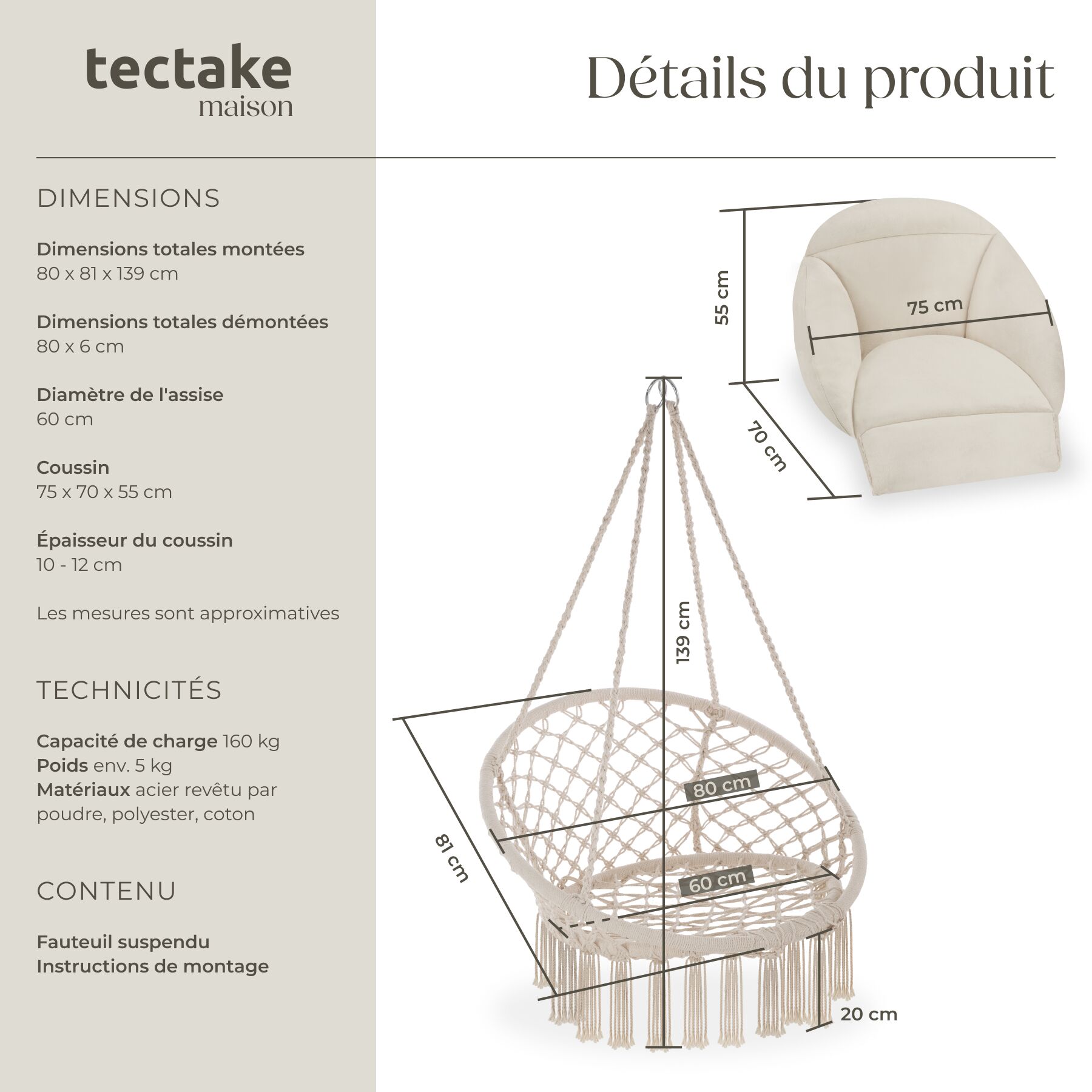 Fauteuil suspendu Samira avec un coussin d'assise épais TECTAKE - 6
