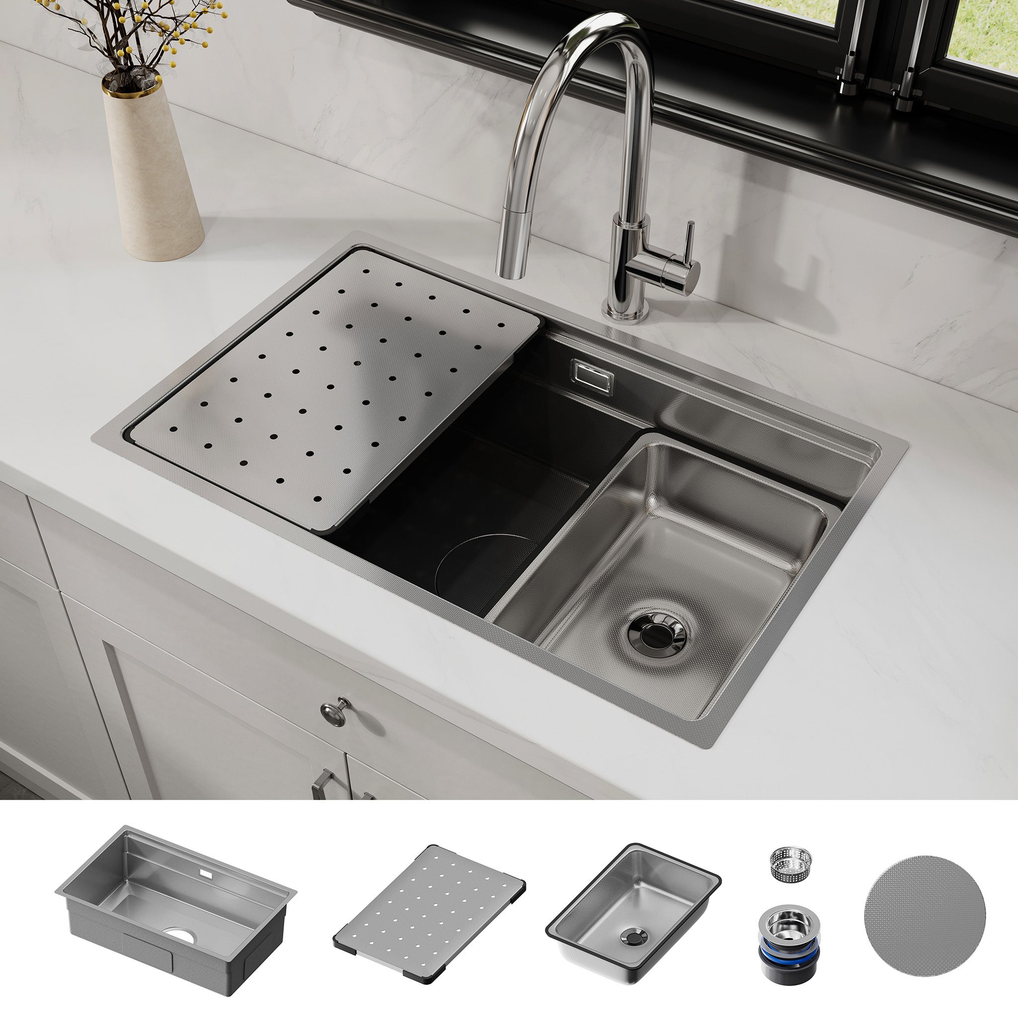 HOROW 70 x 45 cm Zlew kuchenny, stal nierdzewna, do zabudowy, z ociekaczem, dodatkową komorą wewnętrzną i zestawem rurek syfonowych