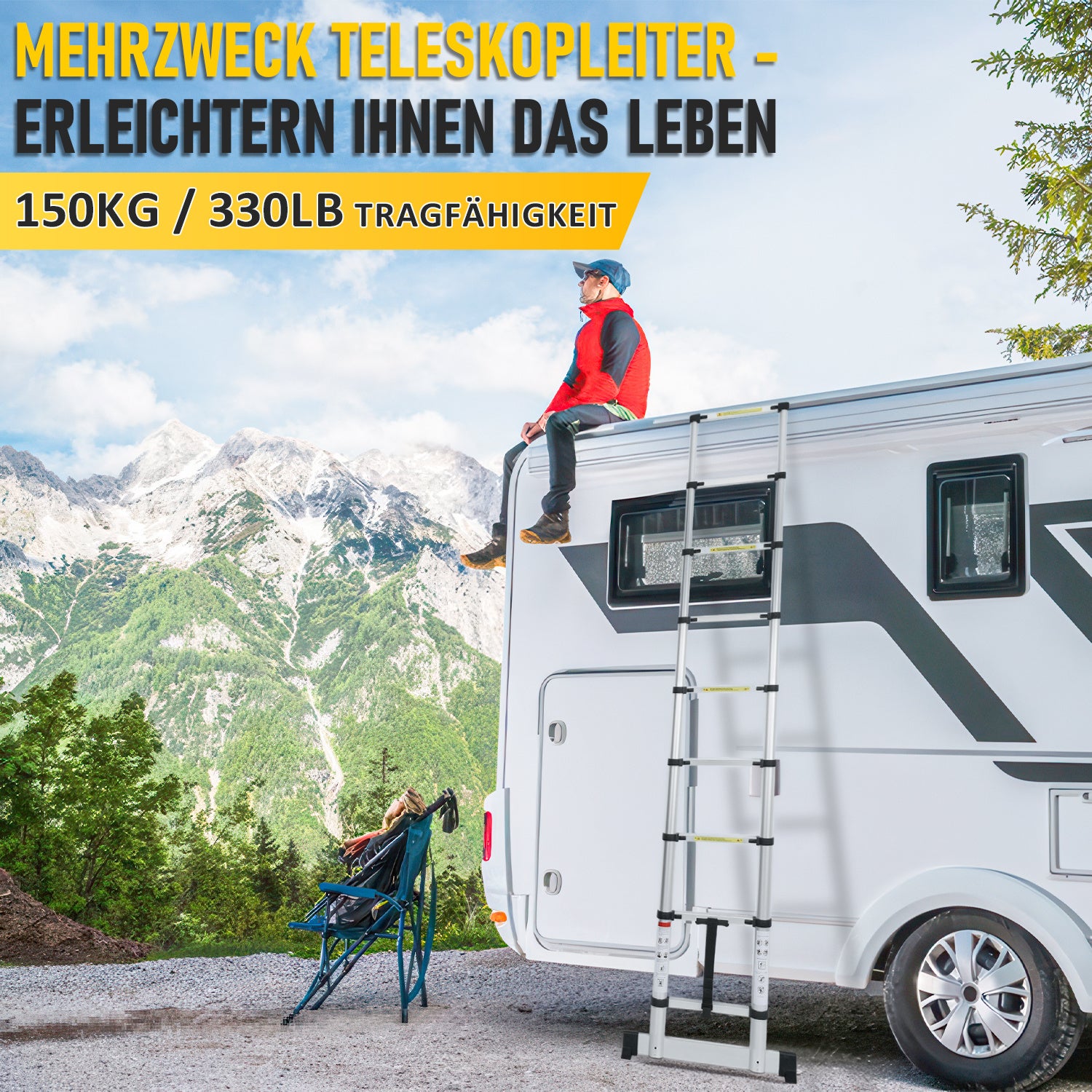 Escabeau echelle telescopique Premium 3,8m avec stabilisateur, antidérapante - 7