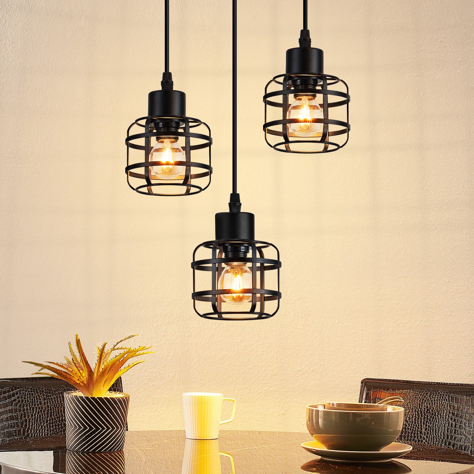 ZMH Lampa wisząca do jadalni w kolorze czarnym, 3-punktowa, E14, do kuchni lub kawiarni (żarówka nie jest dołączona) - 9