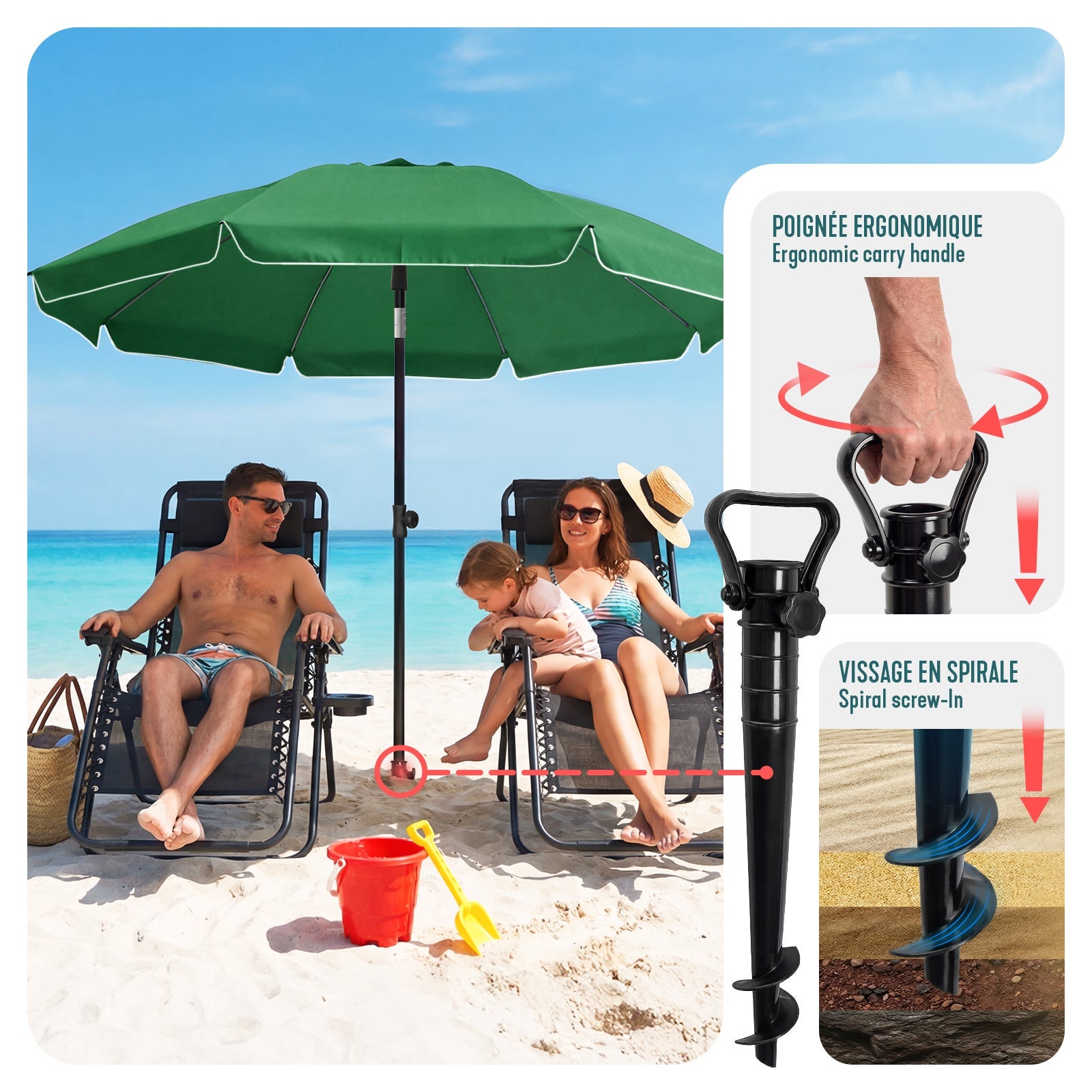 Parasol de jardin inclinable 2M avec ancrage au sol - Parasol de plage UV 50+ Vert - VOUNOT® - 6