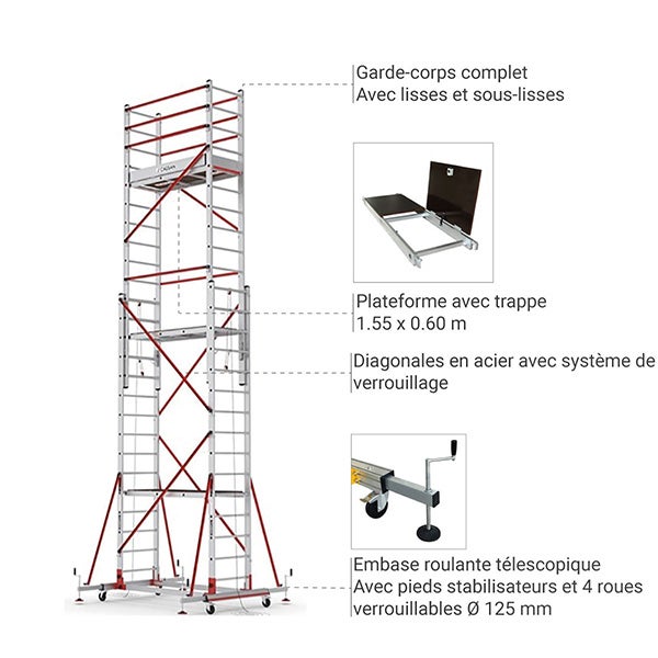 Echafaudage roulant embase télescopique - Hauteur max. de travail 8.05m - 2 plateaux - S008XLN-PR - 4
