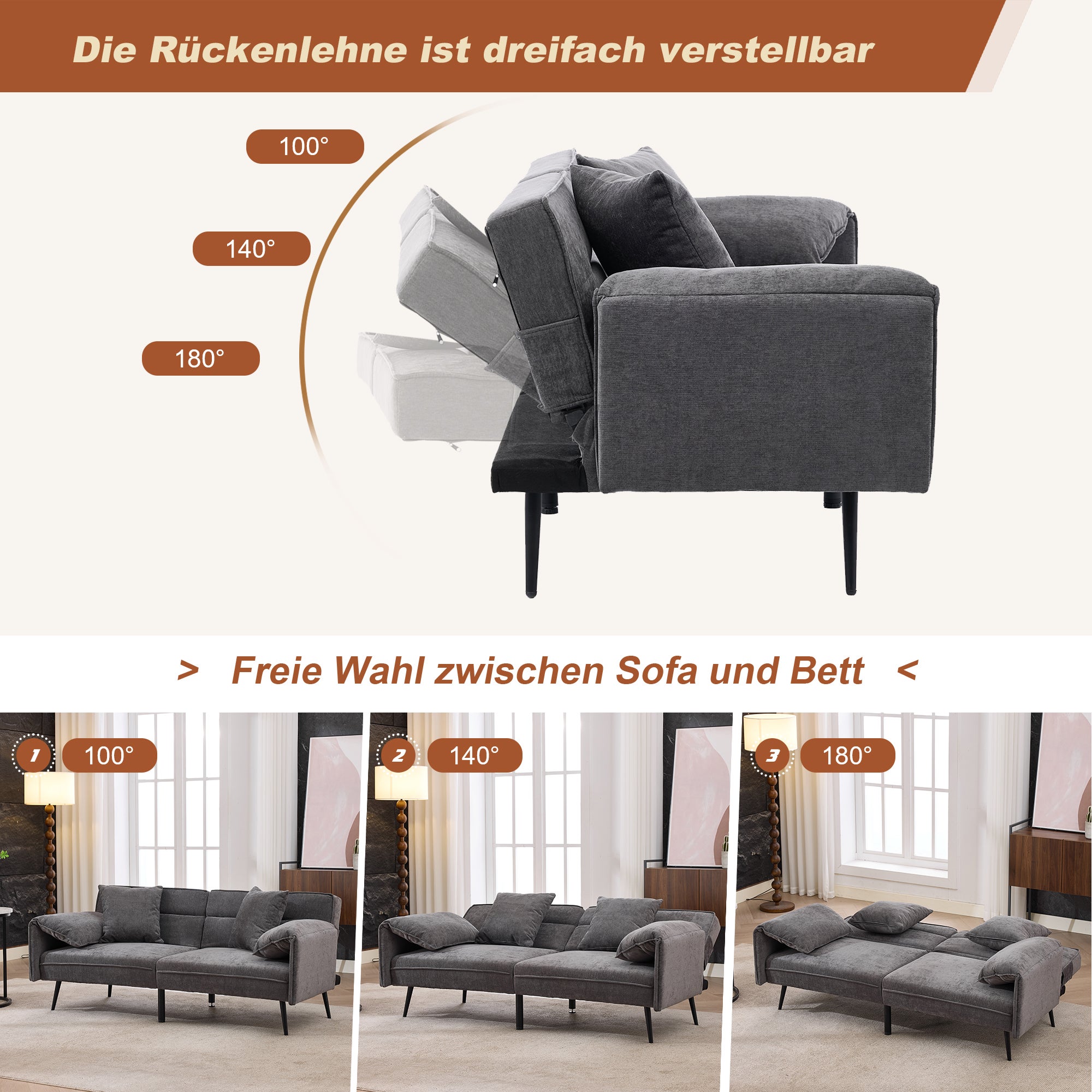 Sofa dwuosobowa z funkcją spania Click-Clack i 3-stopniową regulacją oparcia (100°–180°) – 167,5 x 73 x 70 cm – tkanina Chenille – szara - 8