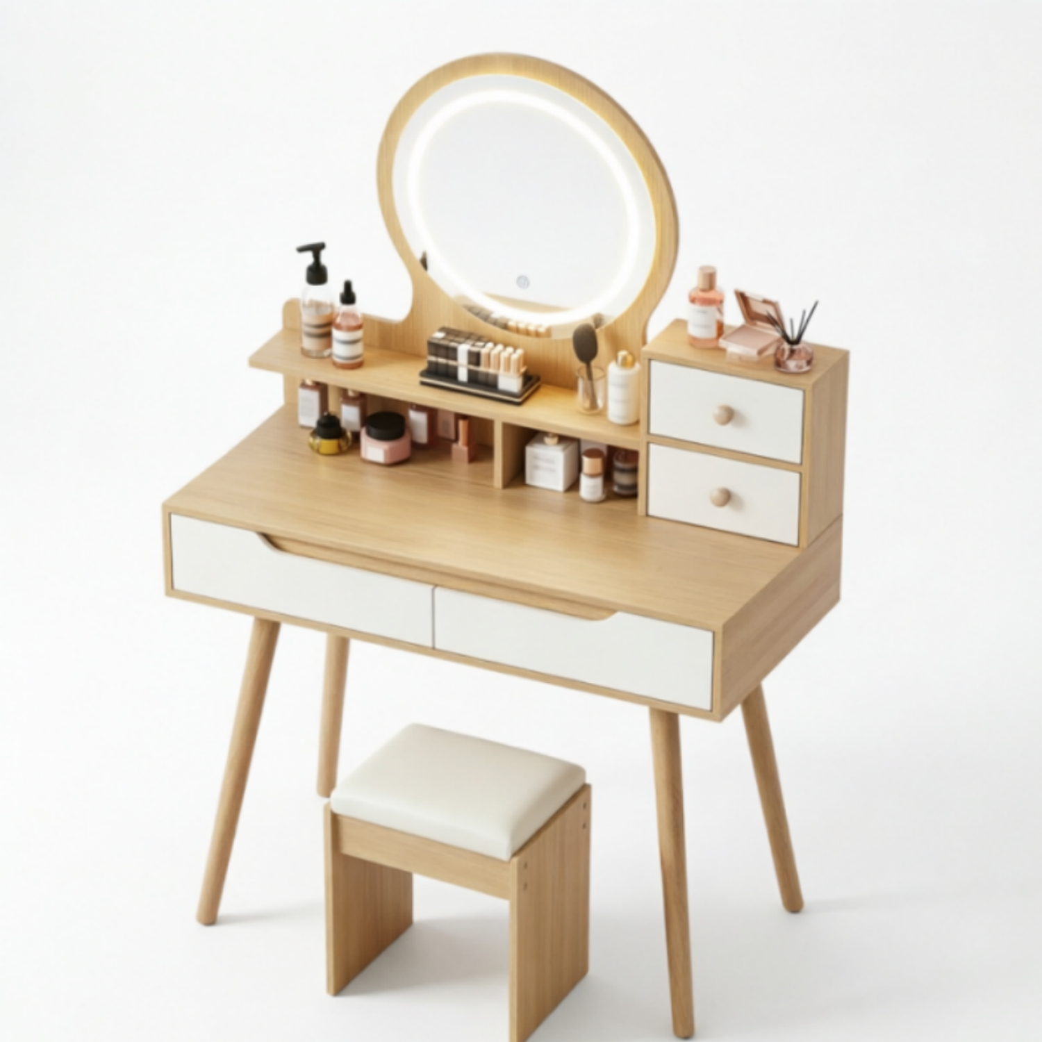 Coiffeuse，Avec miroir et éclairage LED，Lumière réglable，Avec tabouret inclus，Grande surface de travail，135 x 80 x 40 cm，Bois clair - 9