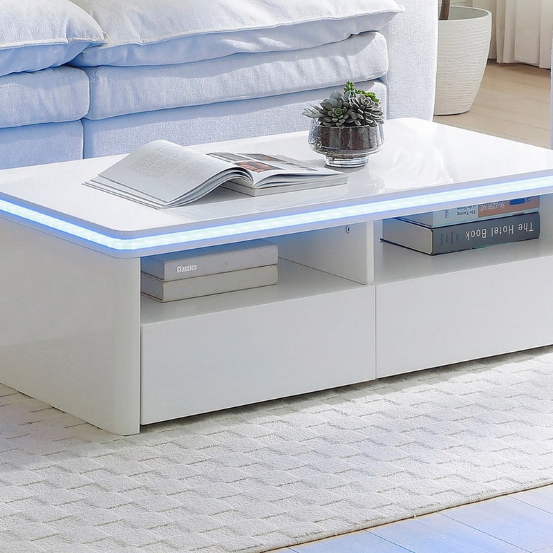 Stolik kawowy z 2 szufladami i 2 wnękami z oświetleniem LED - Biały - SYLPIA