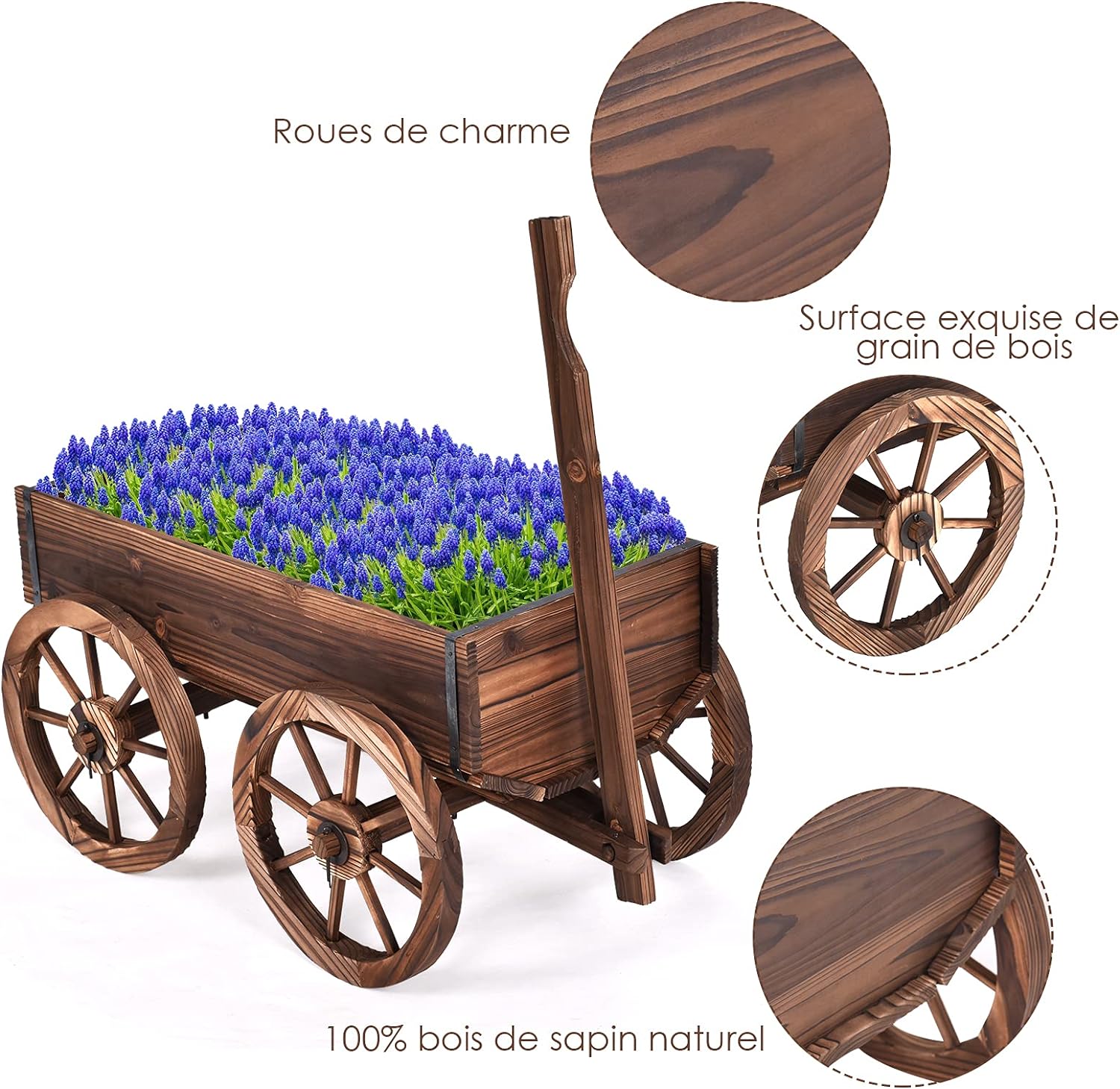 Jardinière en Bois de Sapin Brûlé 120 x 43 x 53 CM, Forme Brouette avec Poignée Reglable & 4 Roues & Trou de Drainage, Charge 50kg - 5