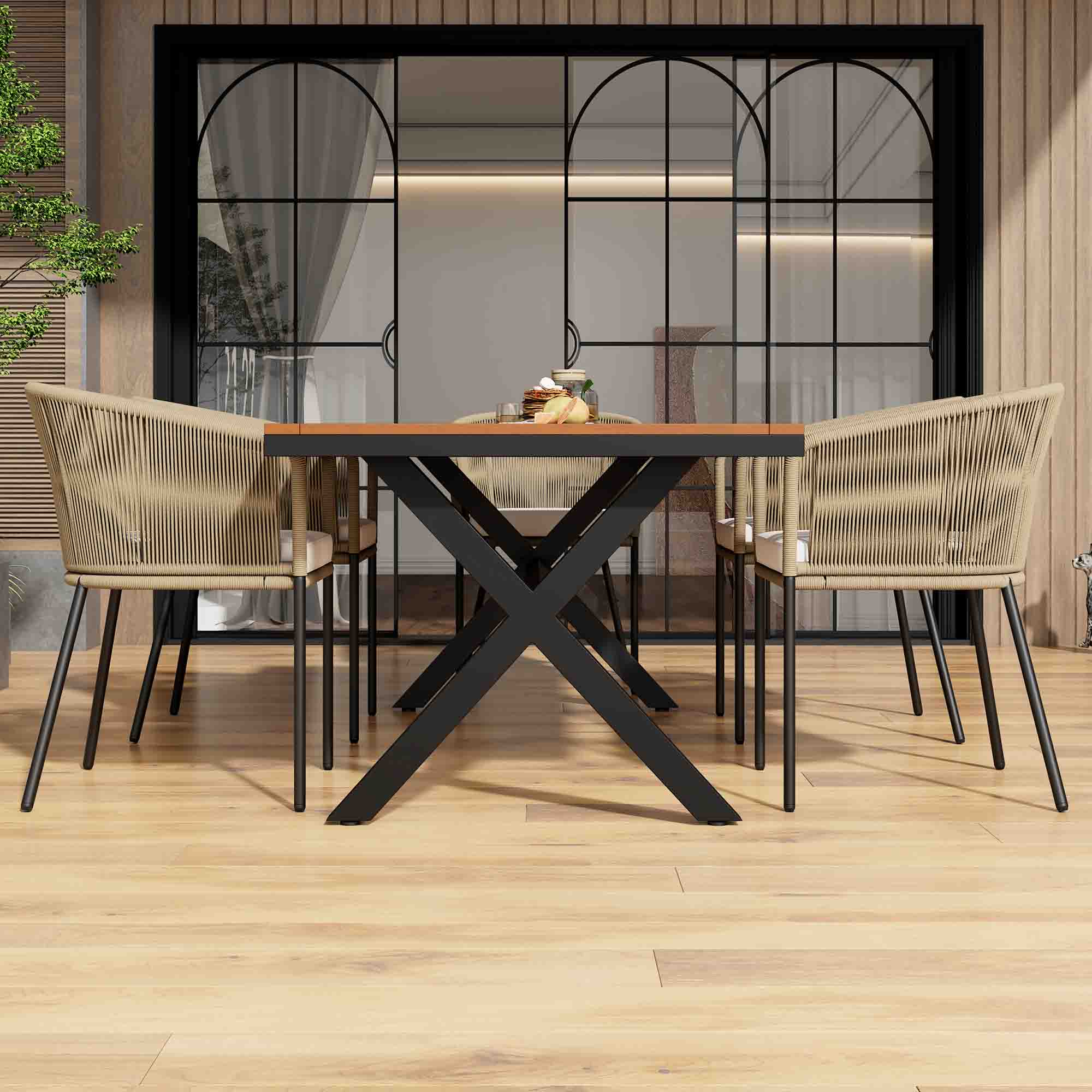 Juego de comedor para exterior de 7 piezas, mesa de acacia y sillas de cuerda, cojines lavables - 2