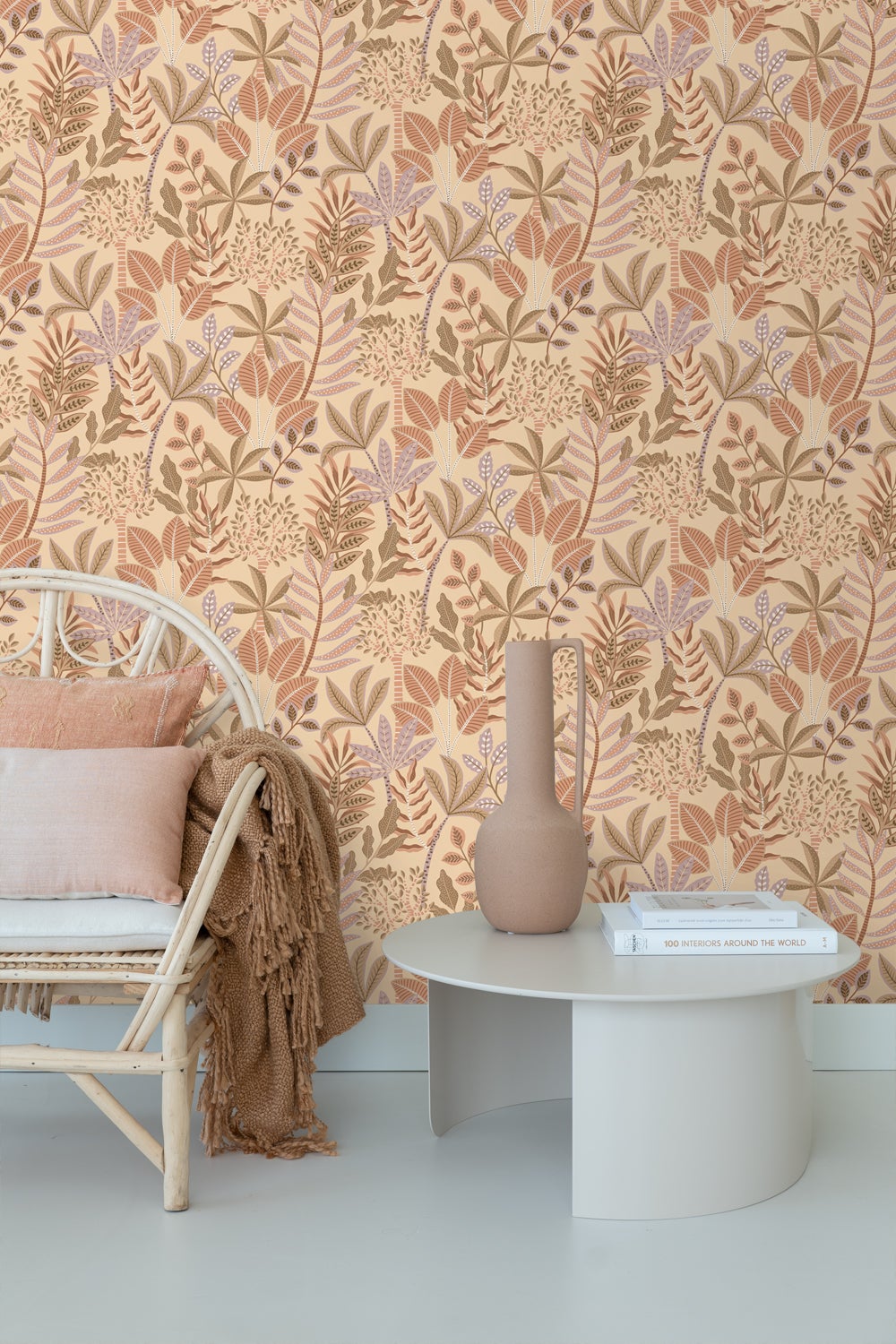Papier peint feuilles beige, rose terracotta et lilas violet - 50 x 900 cm - ESTAhome - 2