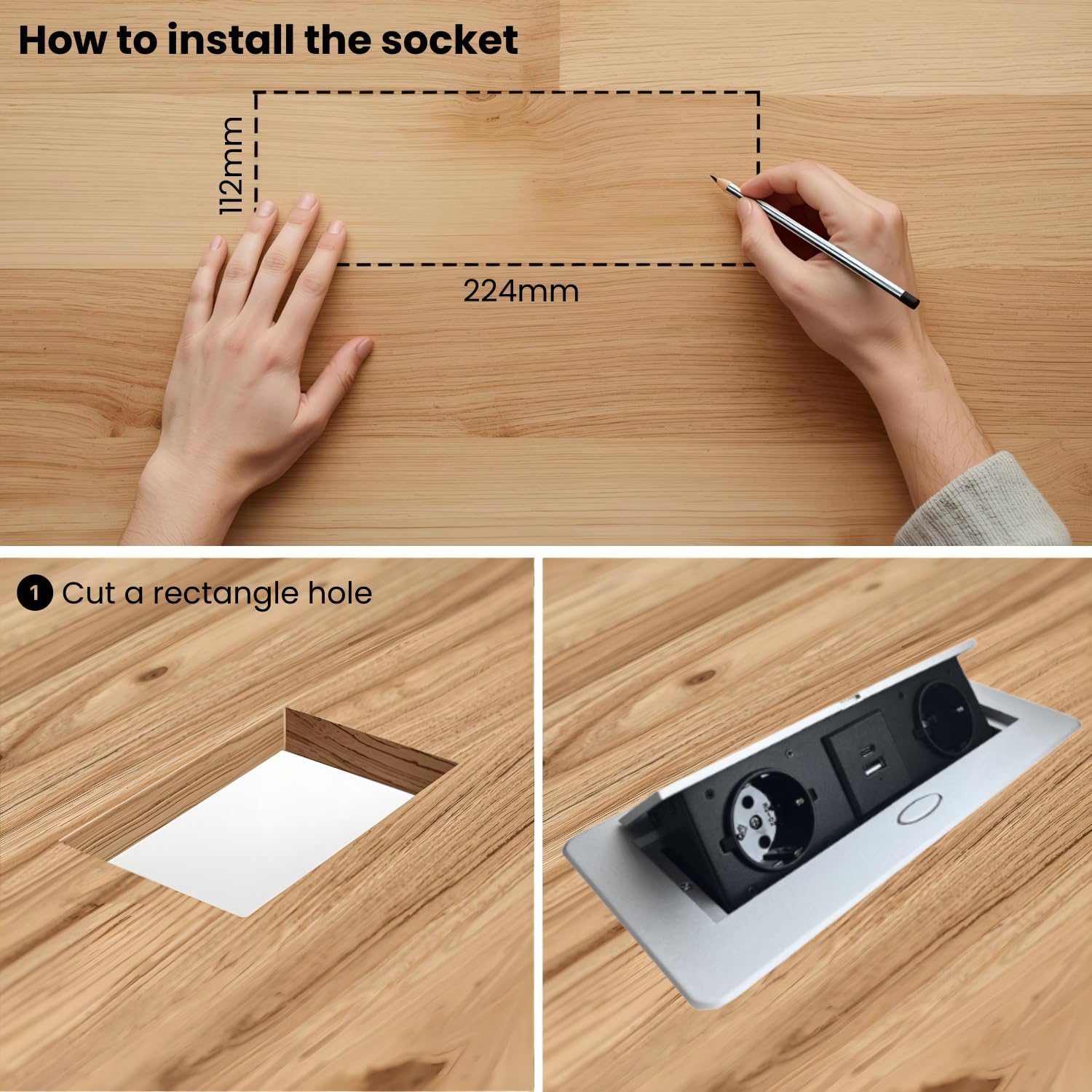 Multiprise Encastrable Escamotable avec 2 Prises SCHUKO + 2 Prises USB (A+C), Câble de 1,5 m – Pour Bureau et Table (Couleur Aluminium) - 3