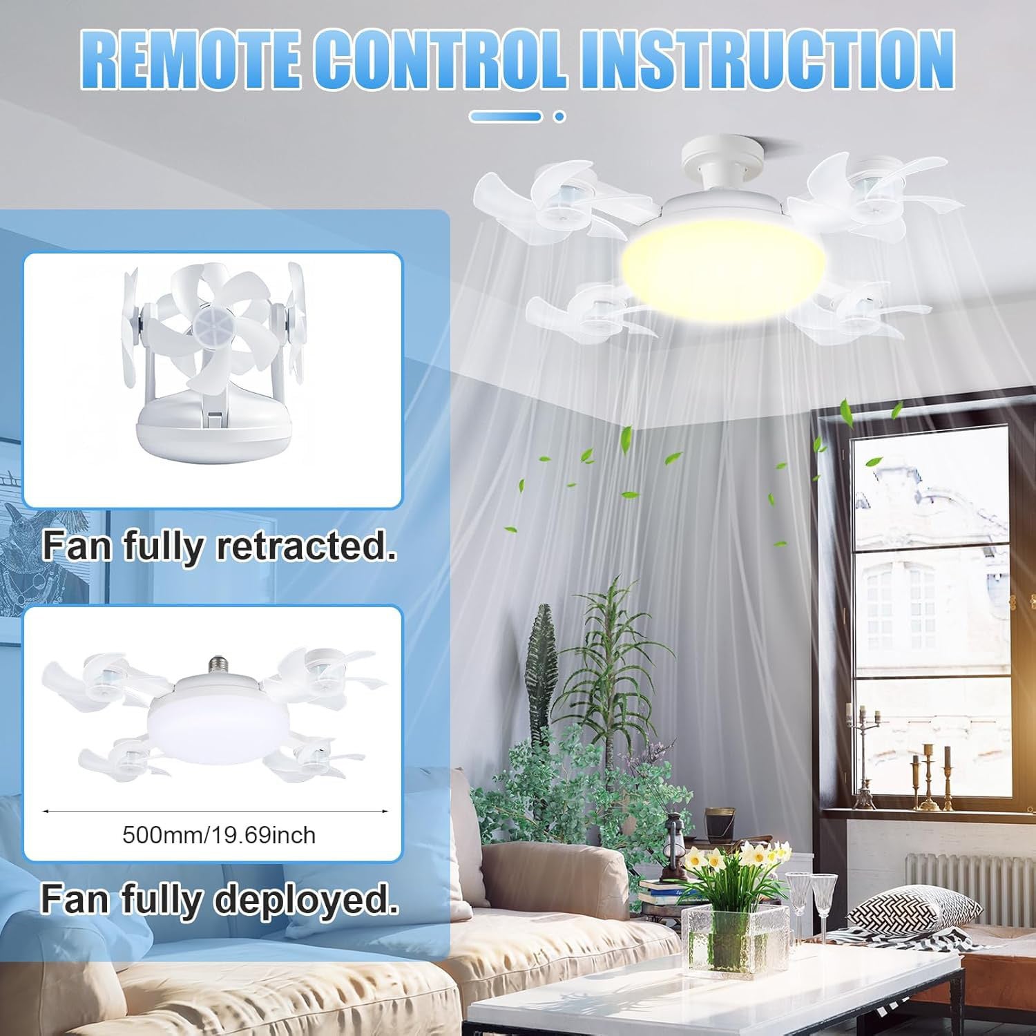 Ventilateur de plafond à douille de 50 cm avec télécommande, variateur d'intensité, 3&nbsp;000 K-6&nbsp;000 K, 3 vitesses, 2&nbsp;000 lm,pour chambre, cuisine, salon - 6