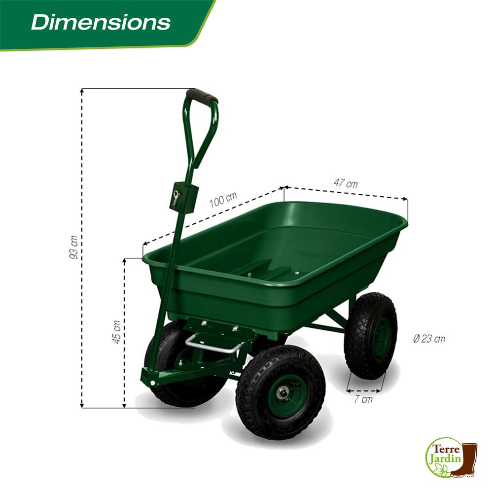 Chariot de Jardin 4 Roues 120 kg - Bac Bascule 52L avec Poignée Amovible - 6