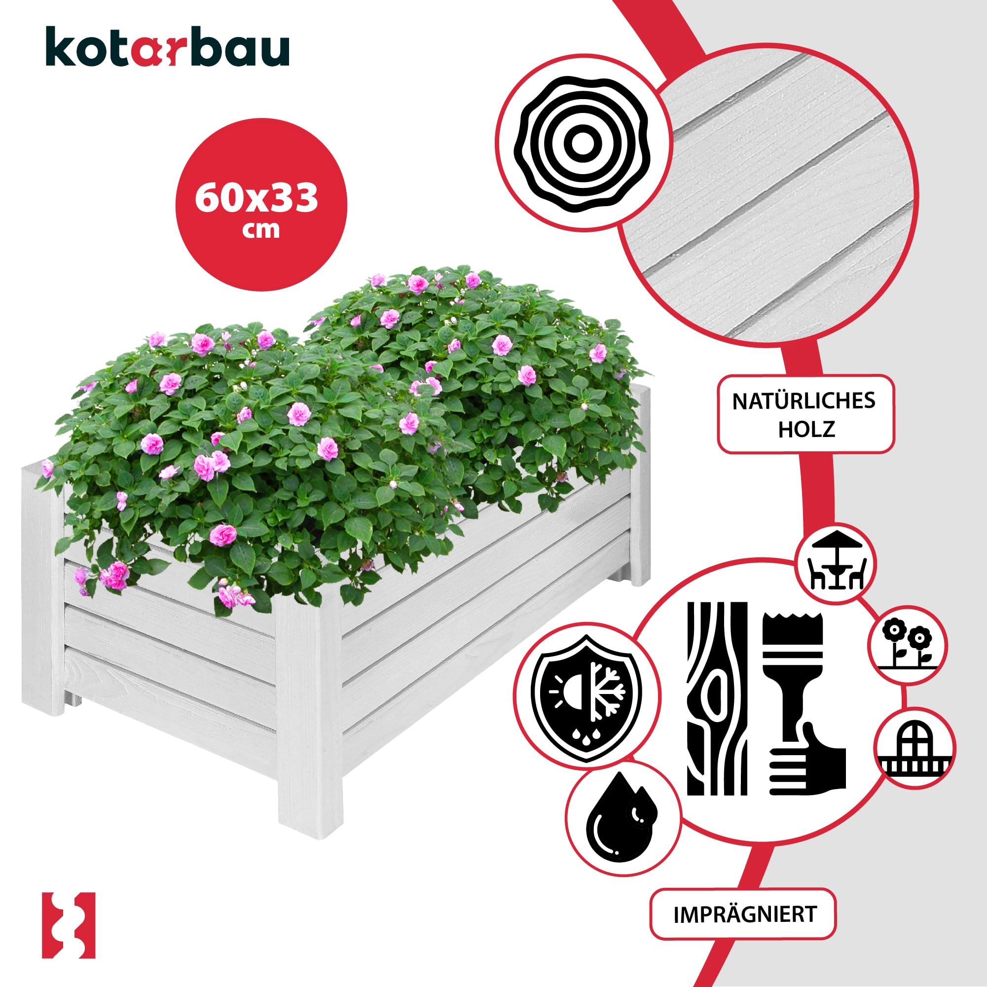 Pot de Fleurs en Bois 60 x 33 x 25 cm Jardinière en Pin Carbonisé Pot de Plantes Jardinière - Idéal pour Jardin Terrasse Balcon - Blanc - KOTARBAU - 8