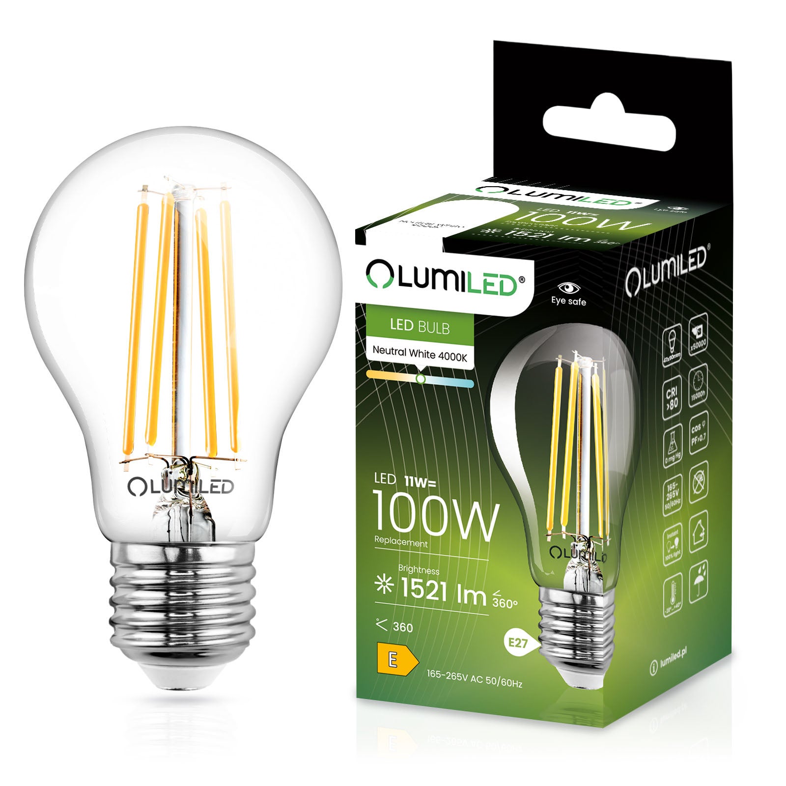 Żarówka LED Lumiled E27 A60 11W 1521lm 4000K Neutralna biel 360st Filament 1 szt.