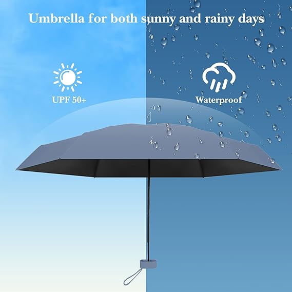 Parasol pliable 50%, pour les jours ensoleillés et pluvieux, pliable, protection UV, avec porte-cartes, bleu brume - 2