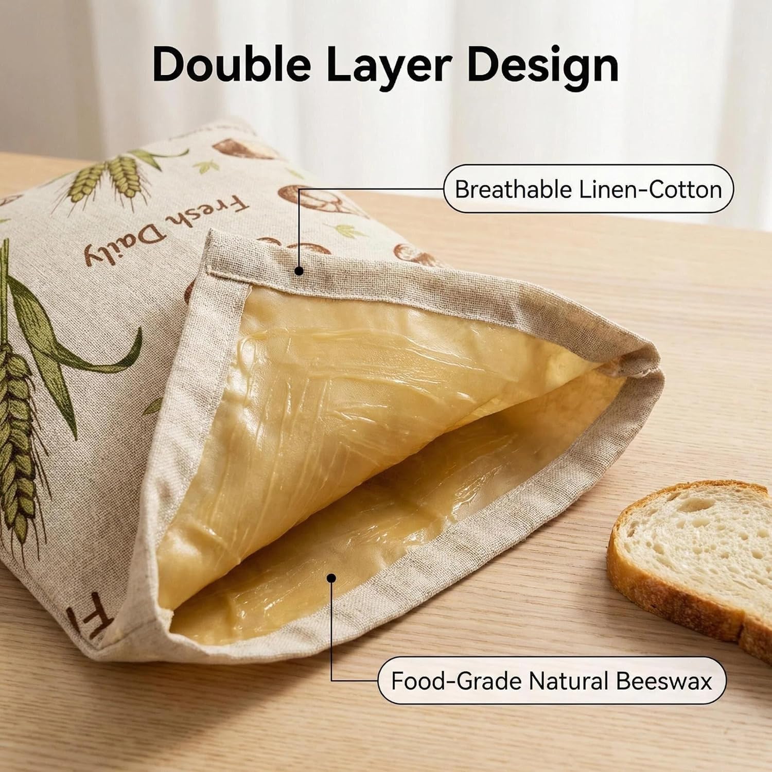 Sacs à pain en cire d'abeille 43,2 x 33 cm pour le stockage du pain au levain fait maison, sacs de rangement réutilisables en coton avec doublure pour - 2