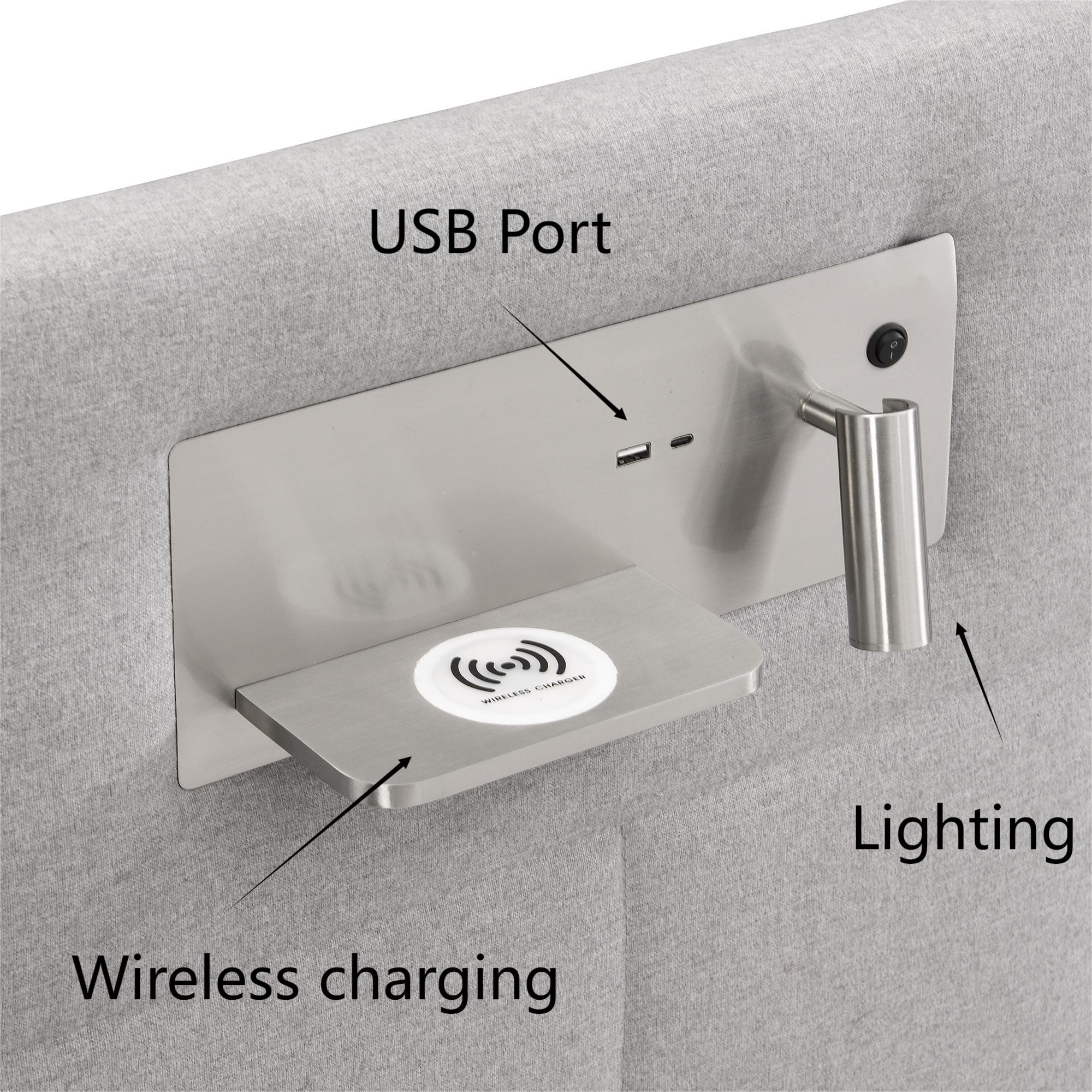 Cama contenedor de tela de lino 180x200 cm - con puerto USB, carga inalámbrica y LED - con somier - Gris - 6