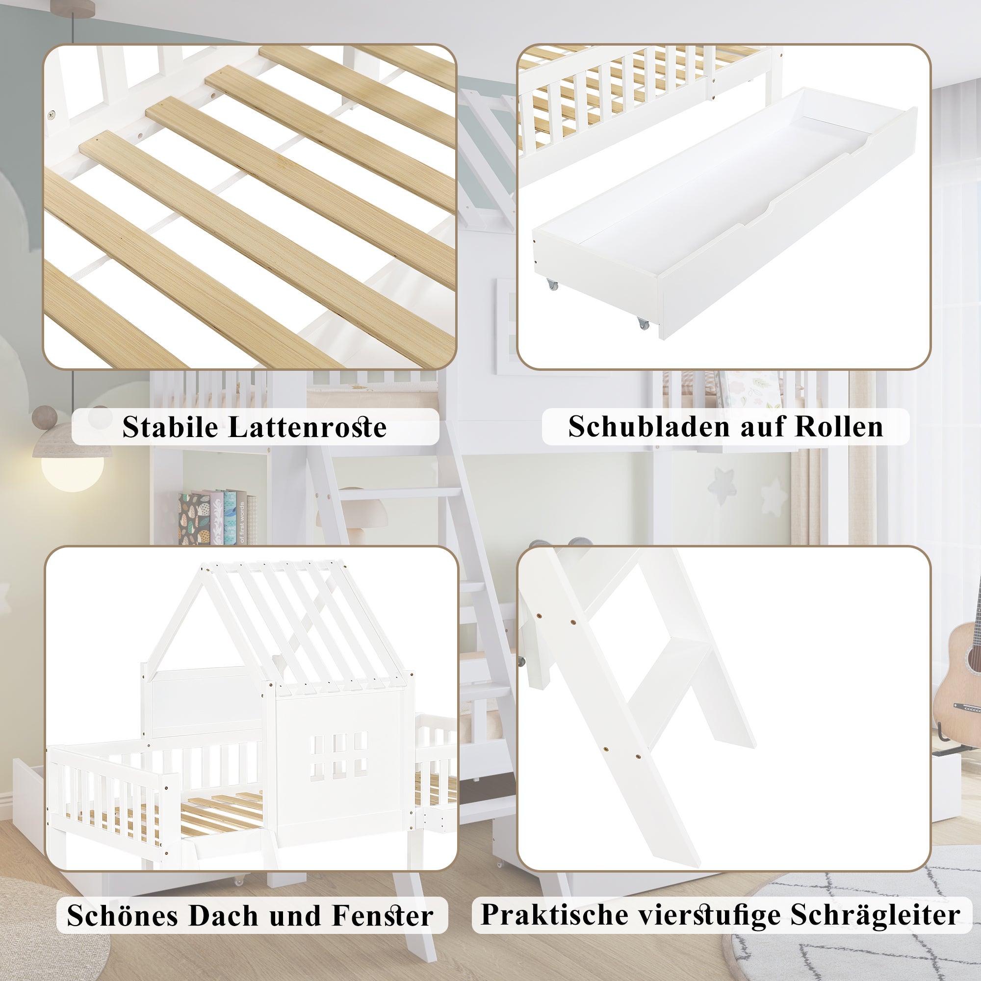 Letto a castello, letto per bambini, due cassetti con rotelle, tetto e finestra attraenti, bianco, 90x200cm - 6