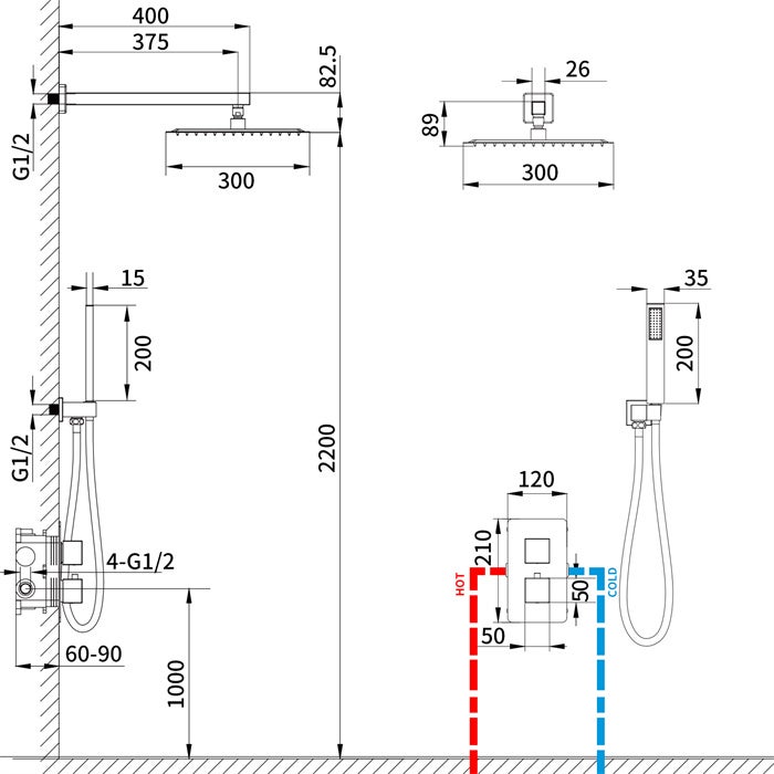 Colonne de Douche Encastrée Noir Système de Douche Thermostat en Laiton avec Tête de Douche Carrée 30*30CM HOMELODY - 5