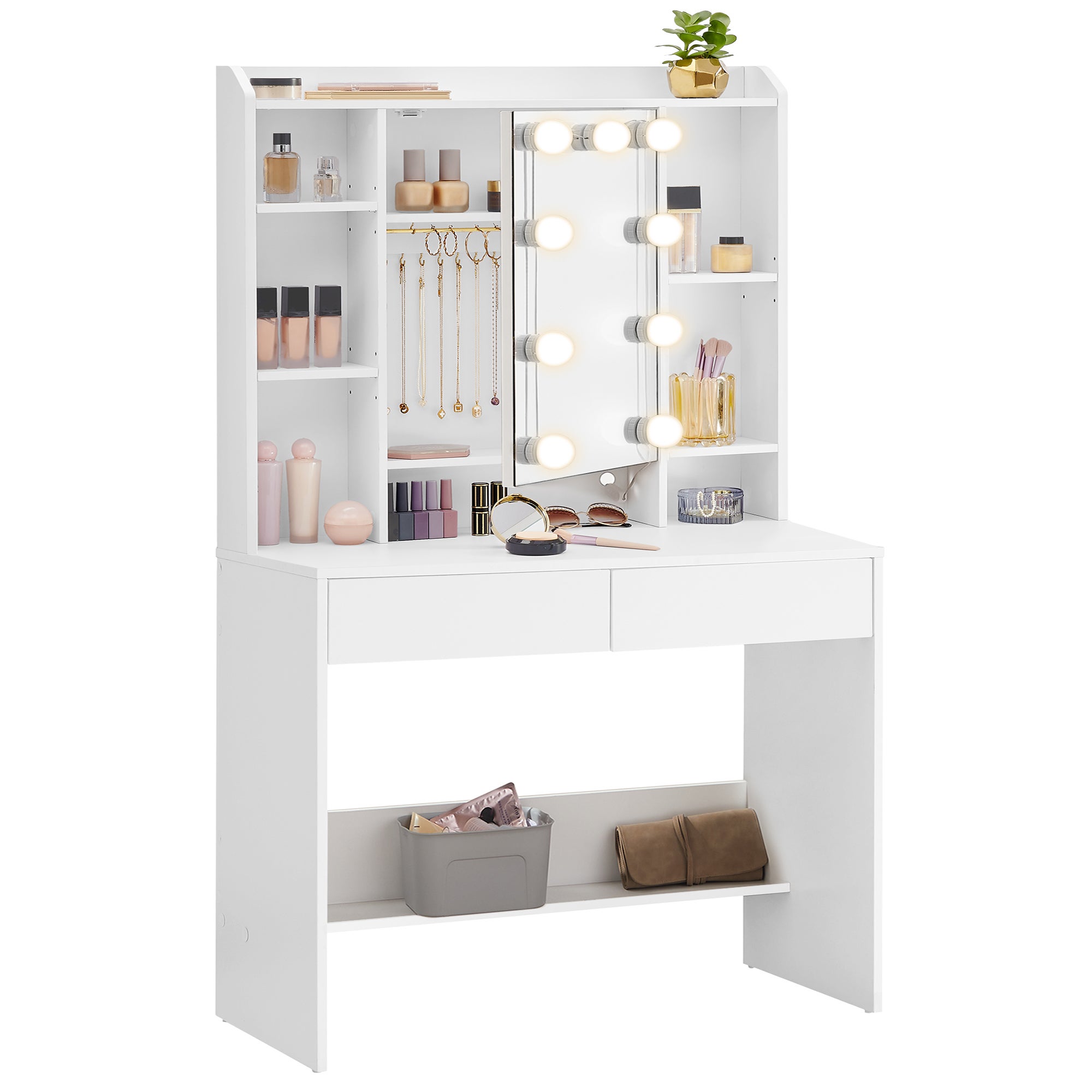 Coiffeuse avec 9 Lumières LED, 3 Tonalités et Luminosité Réglable, avec Miroir, Étagères Réglables, 2 Tiroirs, Blanc Nuage - 6