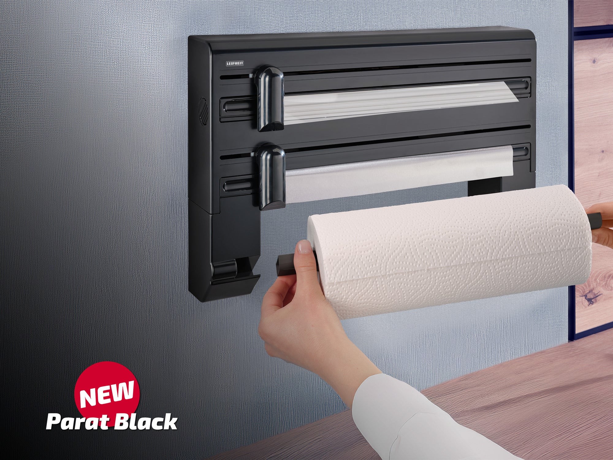 Leifheit dérouleur mural Parat Black 25794, porte-rouleau mural cuisine pour 3 rouleaux avec lames tranchantes, noir - 3