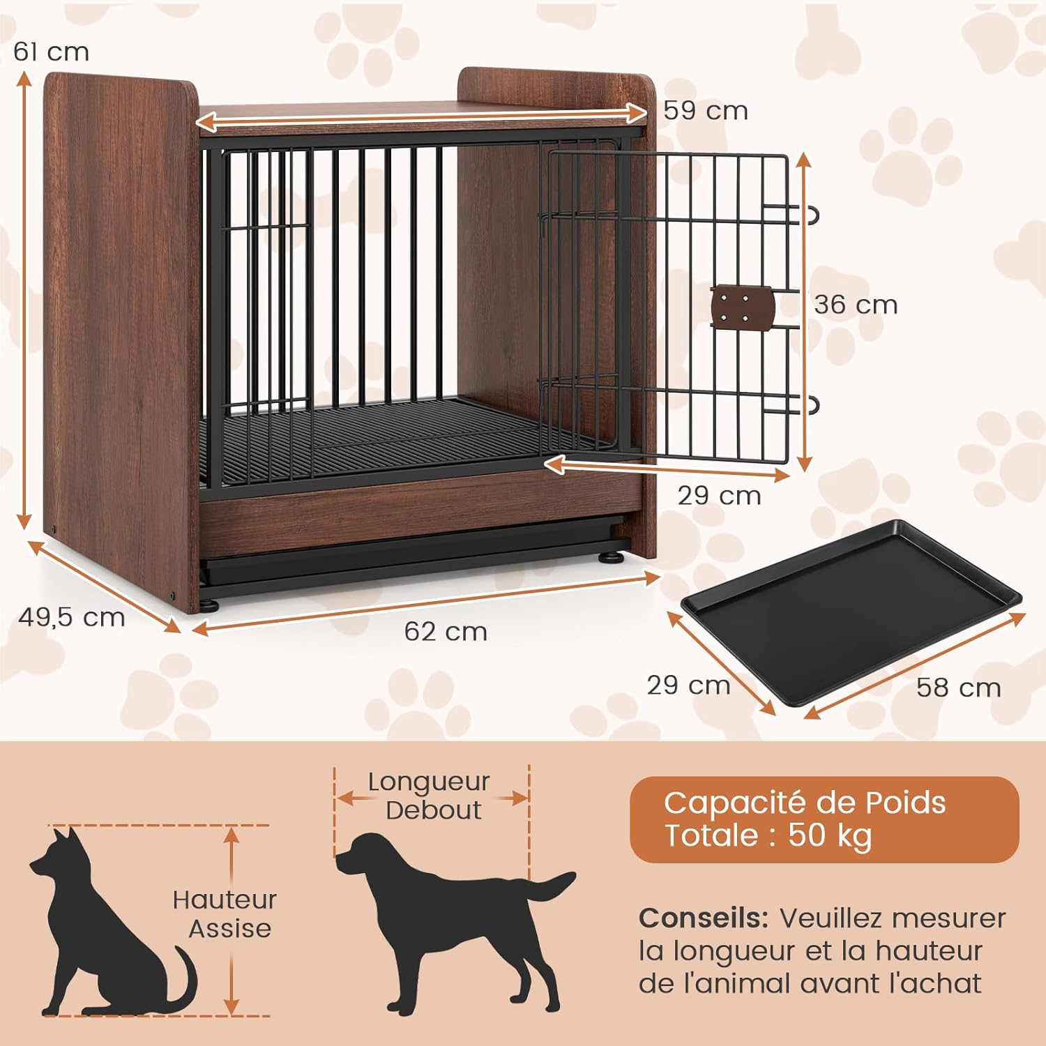 Jaulas para Perros, Casa para Perros Diseño 2 en 1 con Bandeja Extraíble, Puerta Bloqueable, Jaula Interior para Perros con Mesa Lateral para - 3