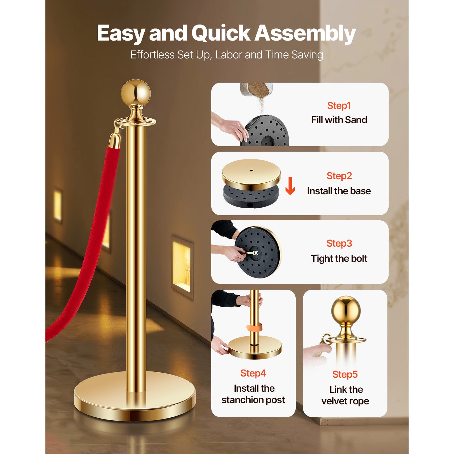Pali barriera dorati SucceBuy in acciaio inox, set da 4 con 3 corde in velluto rosso, base cava, per eventi e feste, 110V 500W - 6