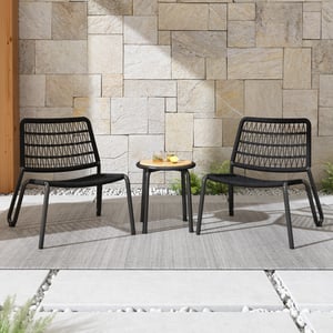 Ensemble de meubles de balcon, en acier galvanisé et corde tressée à la main, plateau de table en bois massif, noir